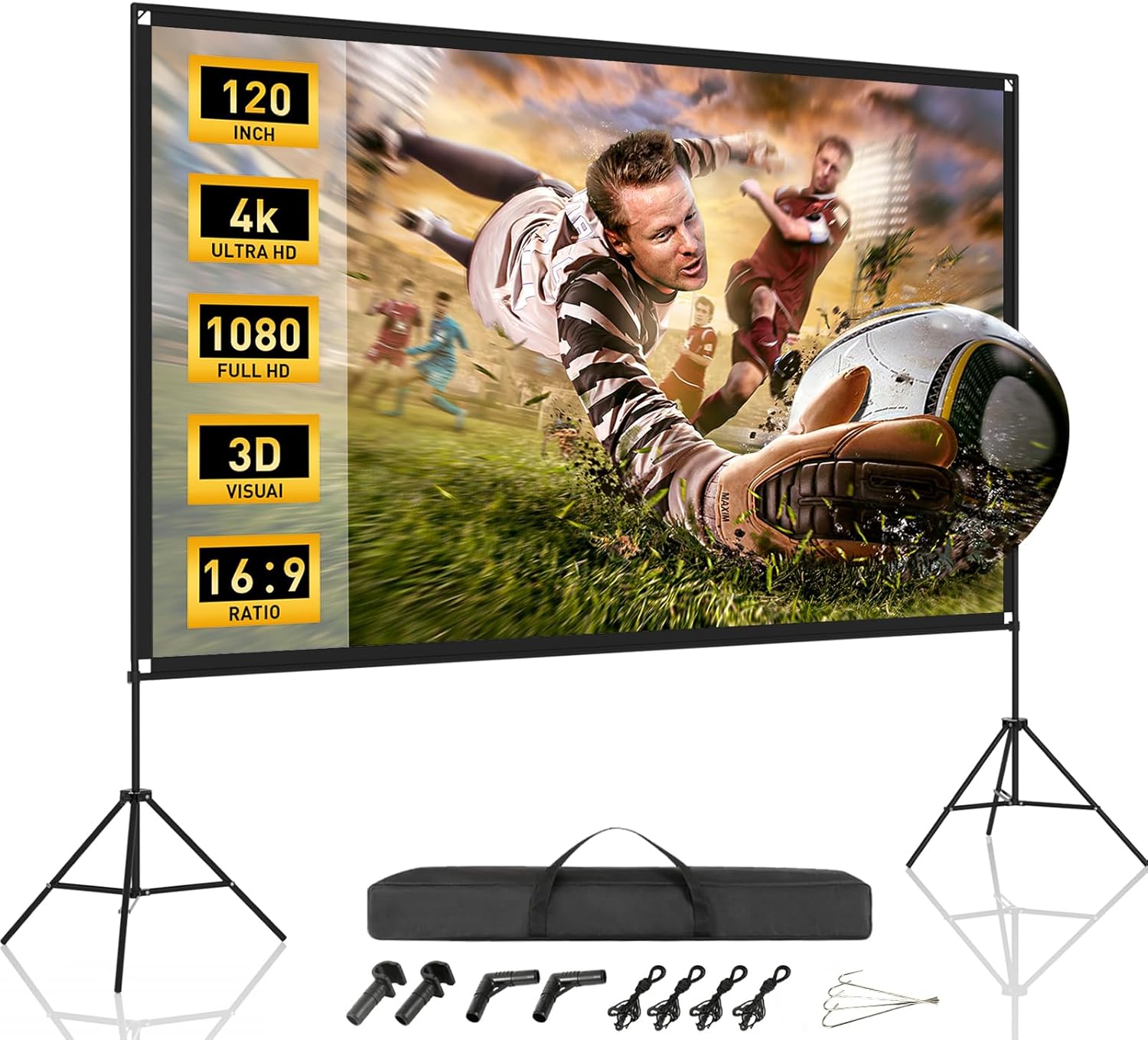 120 Inch Projector Screen with Dual Tripod Stands, 16:9 4K HD Foldable Anti-Crease Portable Outdoor Projector Screen with Stand for Movie Nights, Backyard, Indoor Home Theater, Large Projection Screen