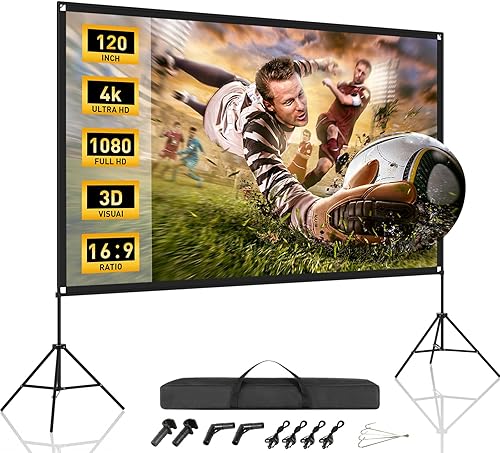 Miniatura 8 de Pantalla de proyector de 120 pulgadas con soportes de trípode duales, pantalla de proyector portátil para exteriores 16:9 4K HD, plegable,