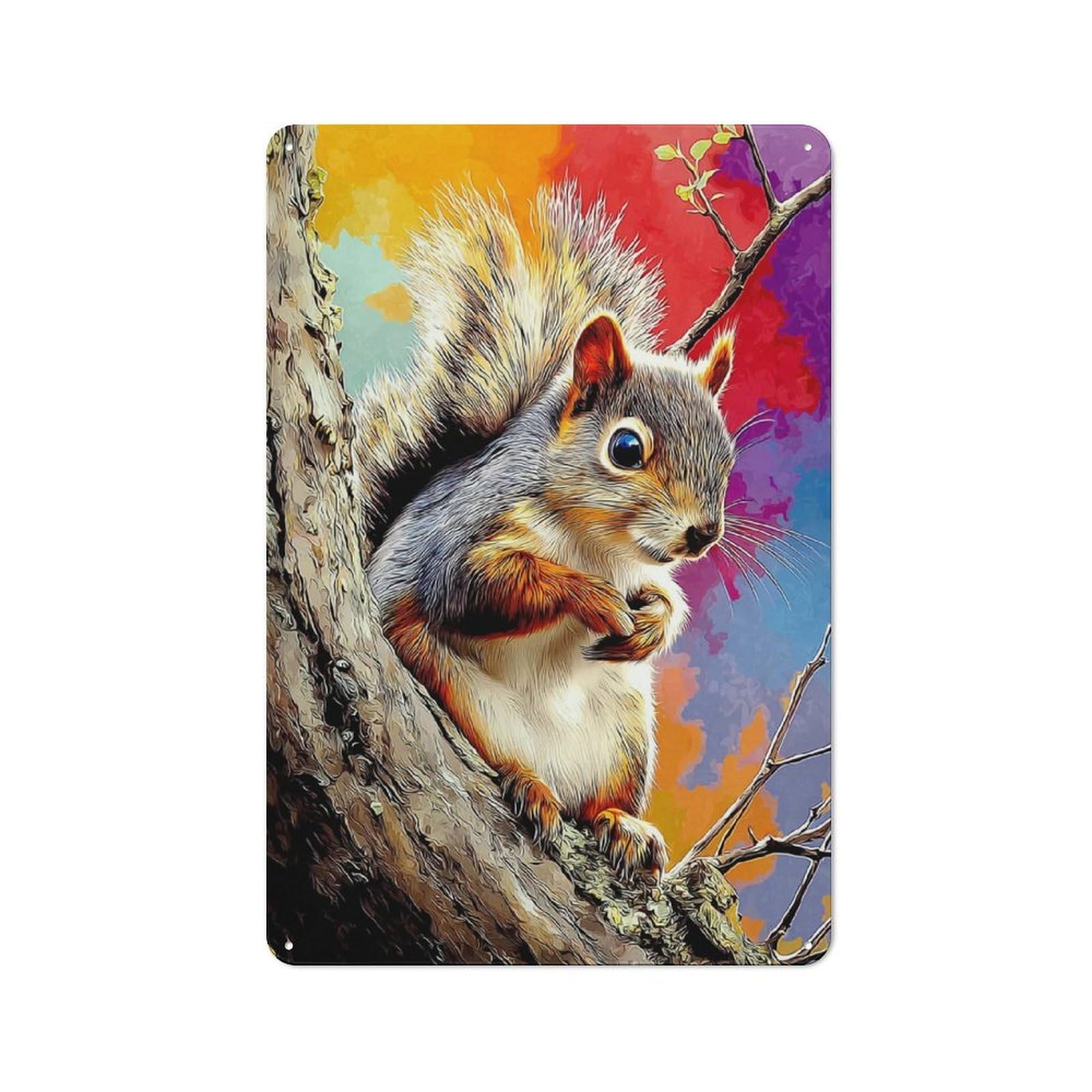 Junmoney Colorful Squirrel In Artistic Style Classic Metal Plaque 30X20cm Featuring Bistro Wall Plaque For Kitchen, Cafe, Pantry Or Dining Room