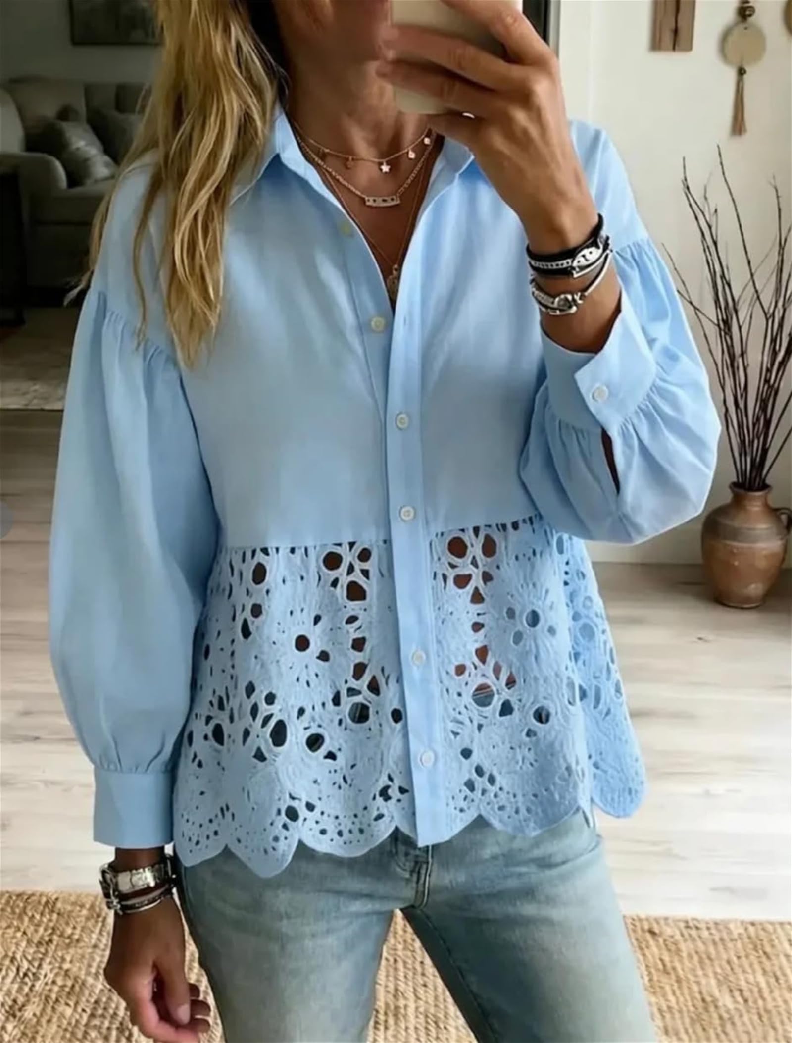Blusa de encaje bohemio con botones y mangas de globo para mujer, estilo bohemio, informal, para el trabajo, vacaciones, fines de semana, vida diaria