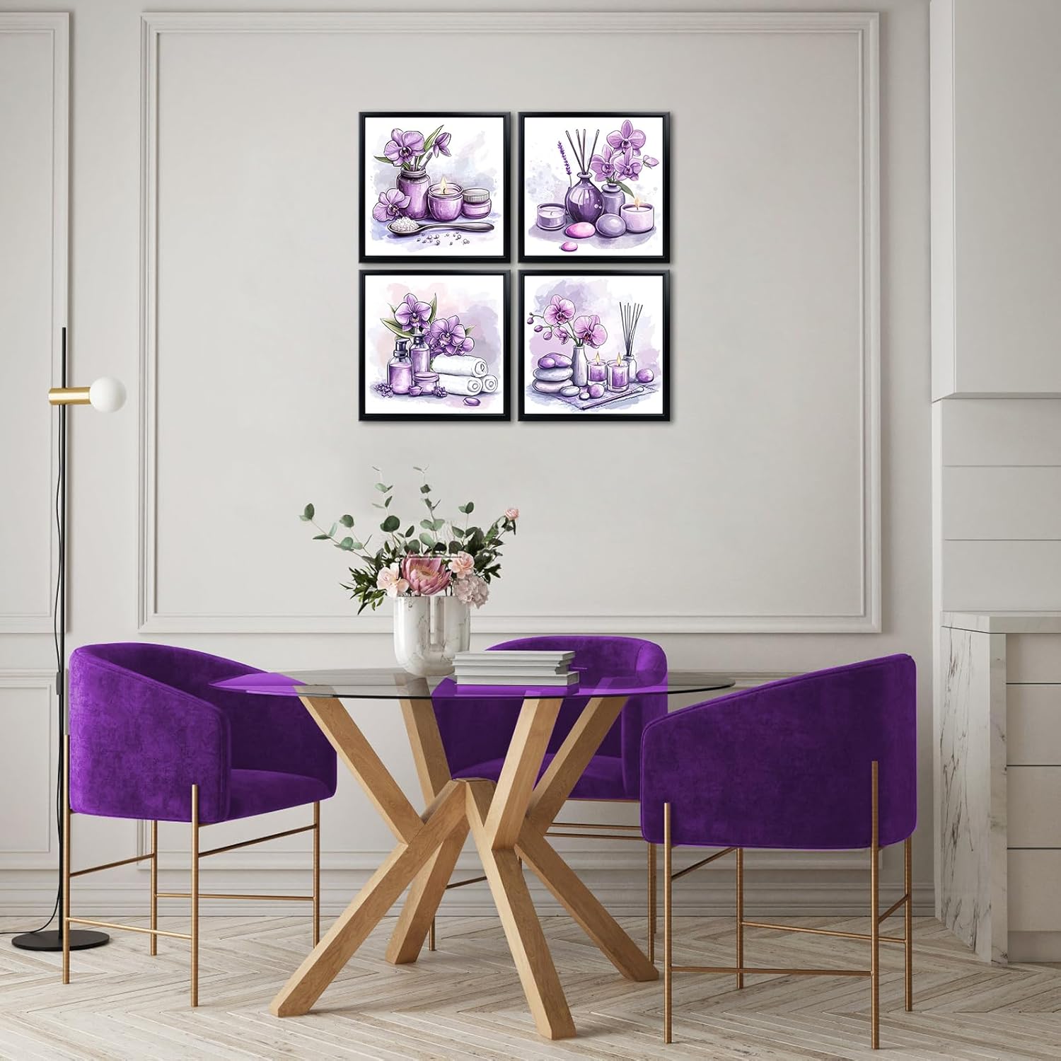LyerArtork 4 Pieces Purple Spa Wall Art Bathroom Decor Canvas Prints Aromatherapy Candle Towel Zen Stone Orchid Flower Still Life Paintings Artwork for Meditation Room Black Framed 12x12inchx4