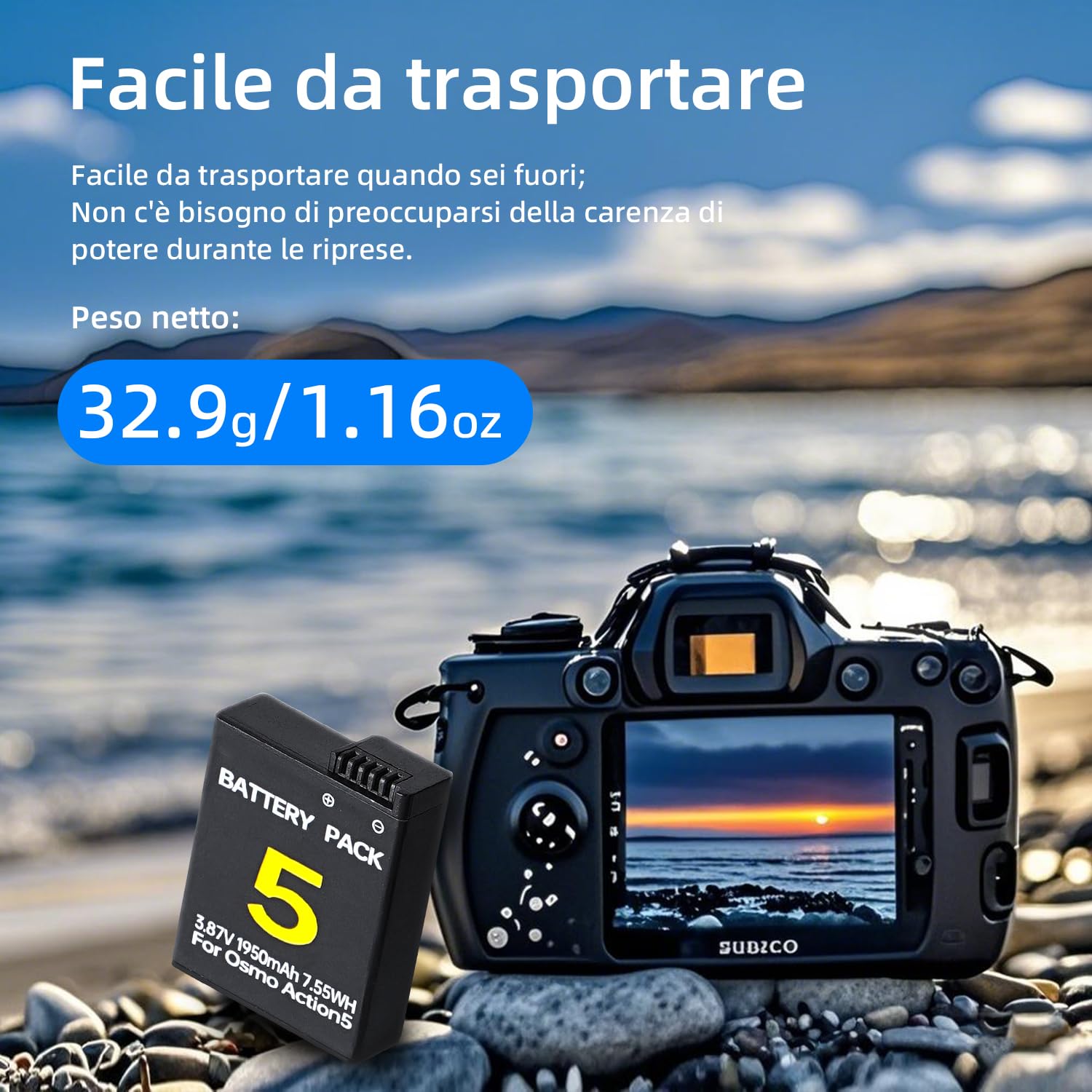 Batteria compatibile con DJI Osmo Action 5 Pro/4/3 e Osmo 360 | Freddo -20°C, 7,55Wh/3,87V. Chip protezione da sovraccarico, cortocircuito e surriscaldamento