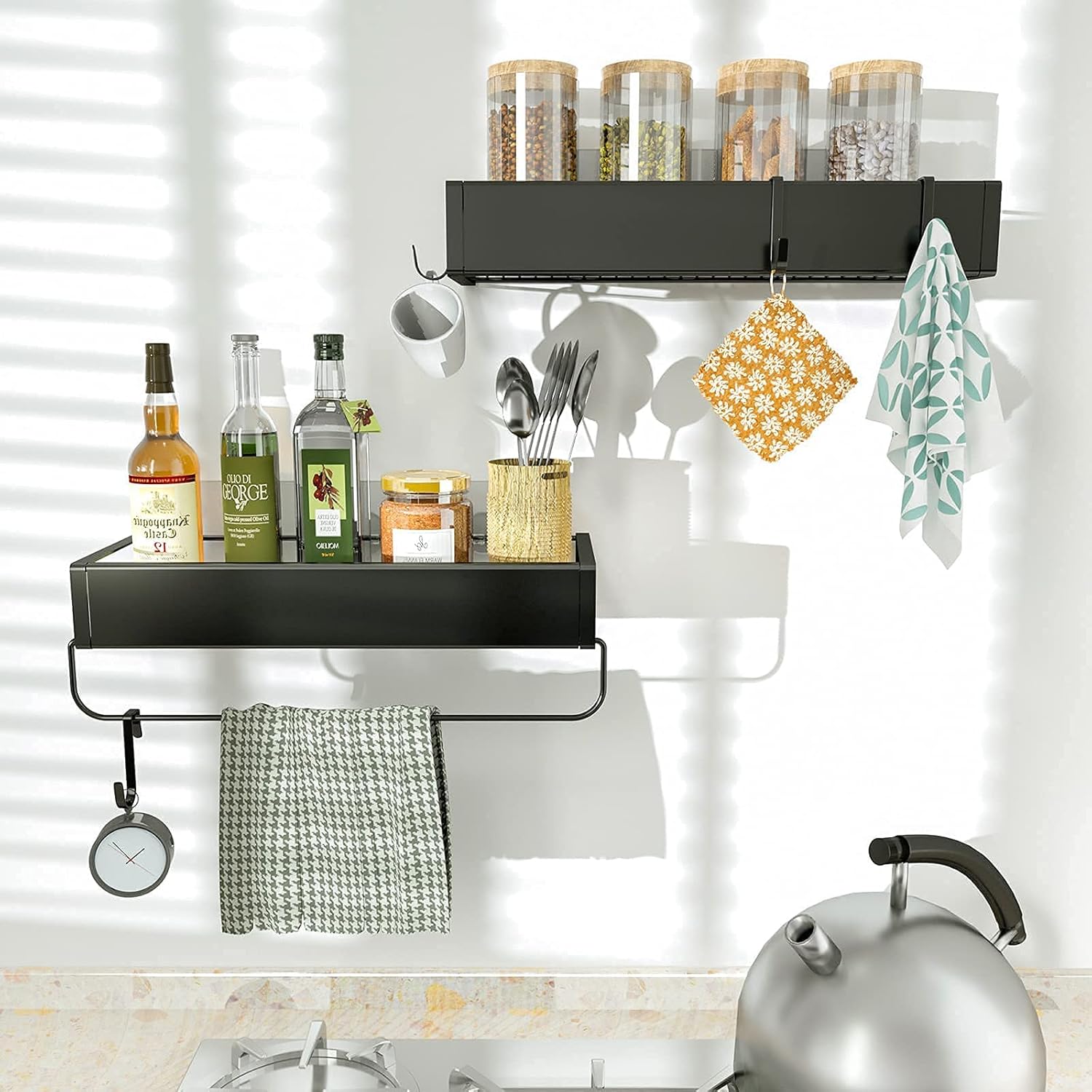 Shower Caddy Wall Mounted Stainless Steel Basket Shelf Shampoo Holder, Adhesive Shower Shelf Basket Rack Organizer, No Drilling Bathroom Shelf with Hooks, Kitchen Spice Holder-2 Pack