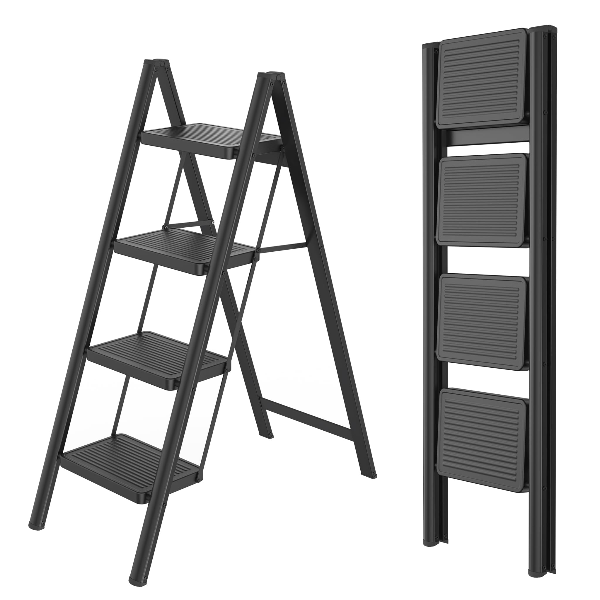 Escalera de aluminio Aufun con 4 peldaños, escalera plegable con pedal antideslizante ancho, escalera multifuncional para el hogar, fácil de guardar con capacidad de carga hasta 270 kg, escalera de
