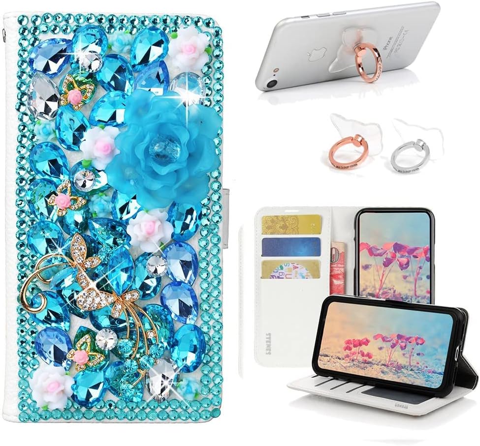 STENES Bling Wallet Case Compatible with Samsung Galaxy J7 (2018) - Stylish - 3D Handmade Dance Butterfly Rose Flowers Leather Cover with Ring Stand Holder [2 Pack] - Light Blue