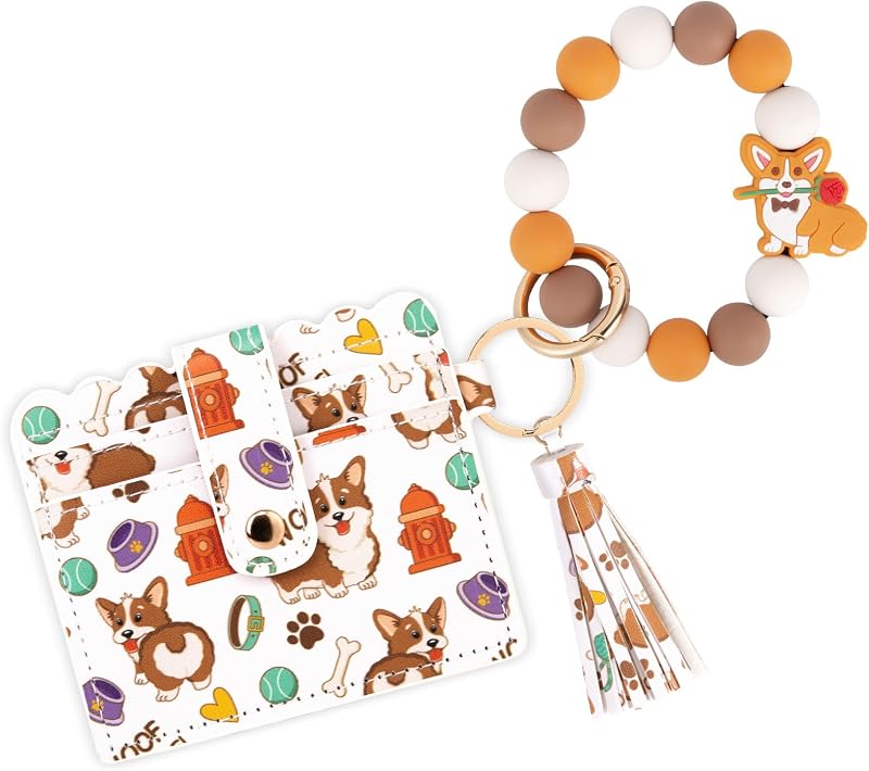 elephtree Carteira Porta-Cartões com Chaveiro e Pulseira de Silicone, Tassel em Couro PU