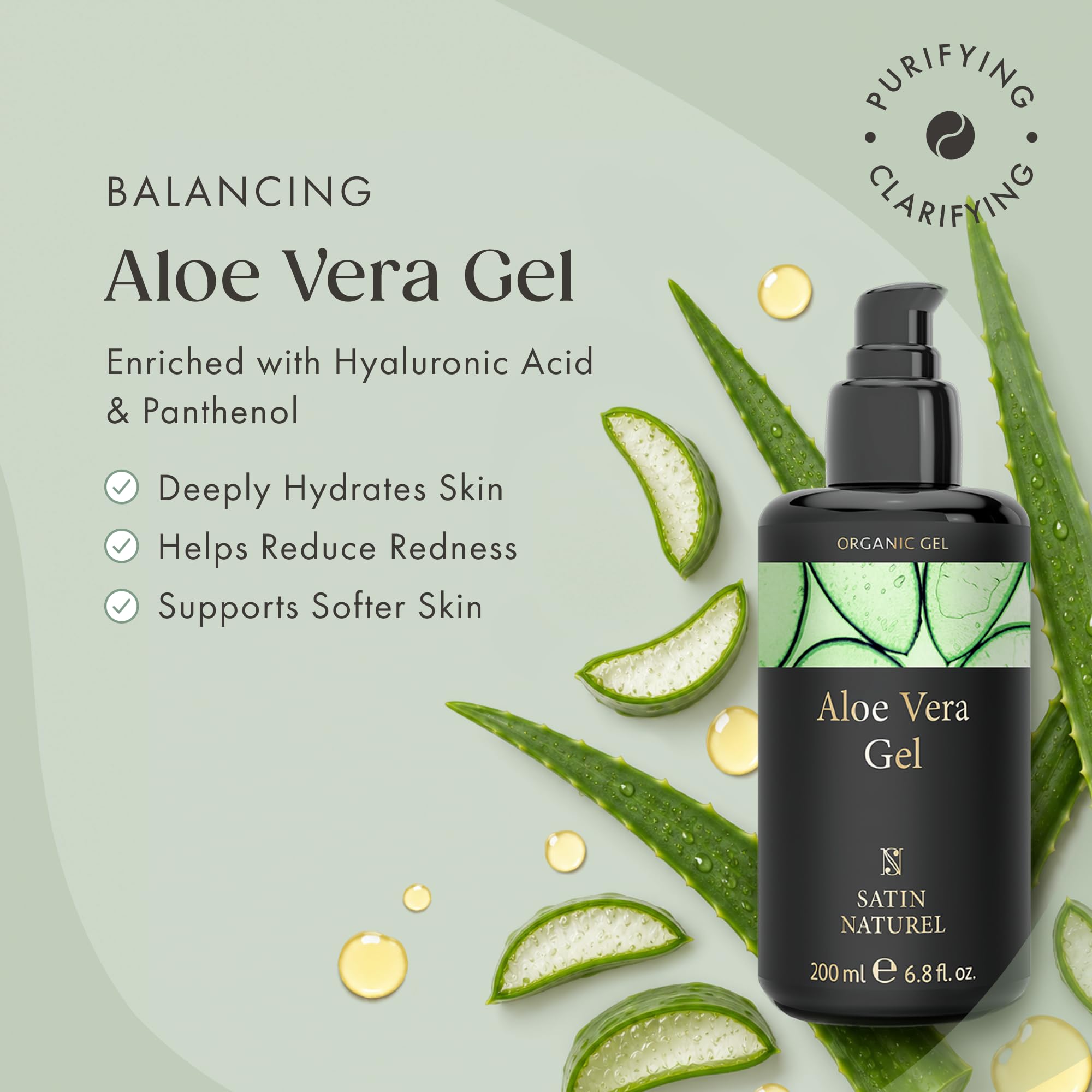 Satin Naturel Bio Żel Aloe Vera 200 ml – 100% Wegański & Kosmetyka Naturalna - Skoncentrowany Żel Aloe Vera - Z Kwasem Hialuronowym & Pantenolem - After Sun & Pielęgnacja Twarzy, Ciała i Włosów