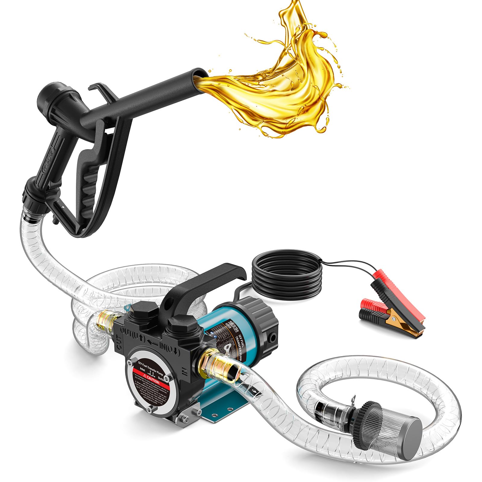 SEESII Elektrische Dieselpumpe 12V: 50 l/min Kraftstoffpumpe mit Düse und Schläuchen zum Fördern von Diesel, Kerosin und Heizöl, 200W tragbare Ölpumpe für Boot, LKW, Haus und Landwirtschaftsbetankung