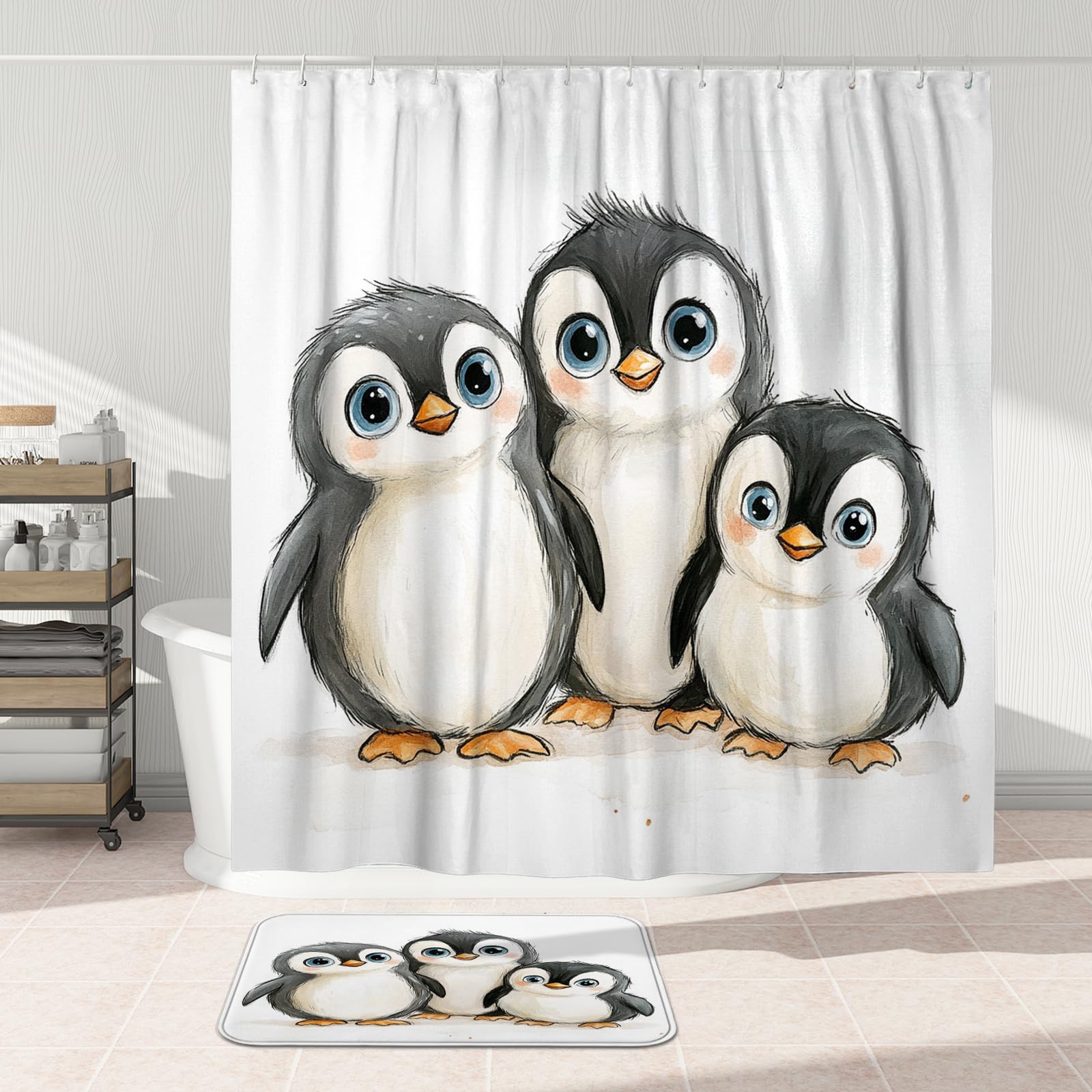 Juego de 3 cortinas de ducha con diseño de pingüino para niños con dos alfombras de baño antideslizantes y lavables (16 x 24 y 20 x 32), decoración de baño de animales infantiles con ganchos