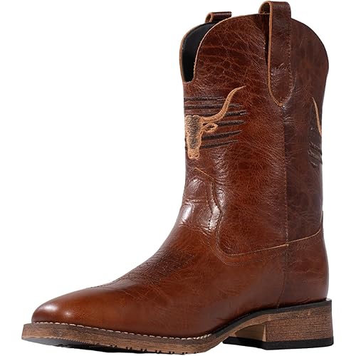 Winbird Cowboy Boots For Men Square Toe Western Men's Boots Vegan/Genuine Leather with Classic Patriot Pull On Boot, Slip Resistant Country Boots Chunky Heel Short Boots for Spring Fall