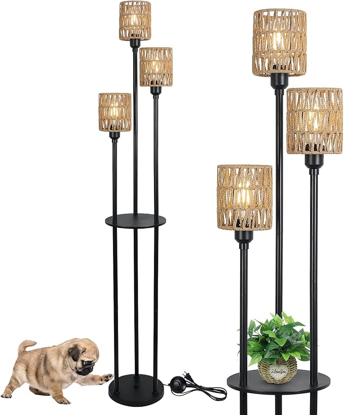 Stepeak Boho Floor Lamp with Shelves, 3-Lights Farmhouse Tall Floor Lamp with ON/Off Foot Switch, Rustic Standing Lamp with Rattan Shades for Living Room Bedroom Office