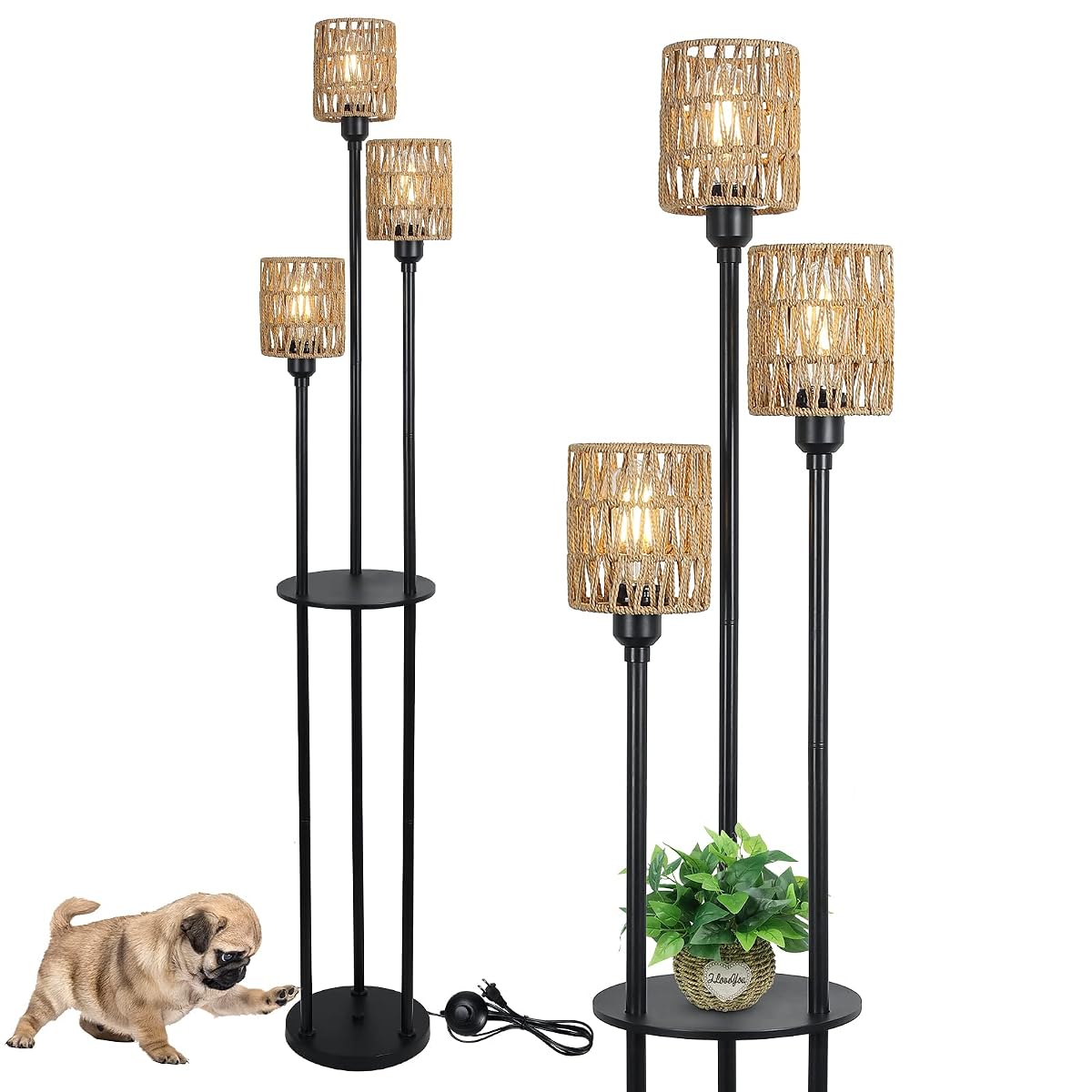 Stepeak Boho Floor Lamp - 3-Light Rustic Standing Lamp With Rattan Shades,