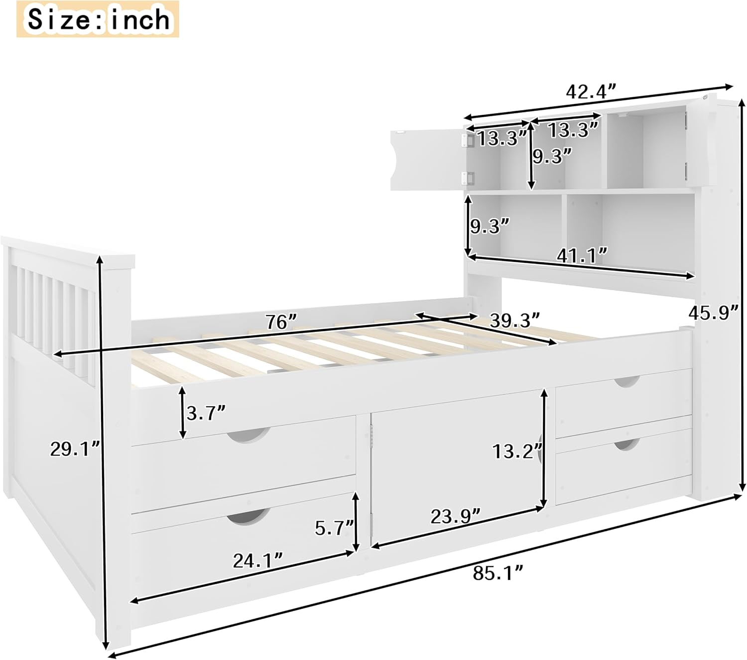 Merax Twin Size Platform Bed, Captain Bed Frame with 4 Storage Drawers and Bookcase and Shelves, Multi-funtional Storage Bed, White