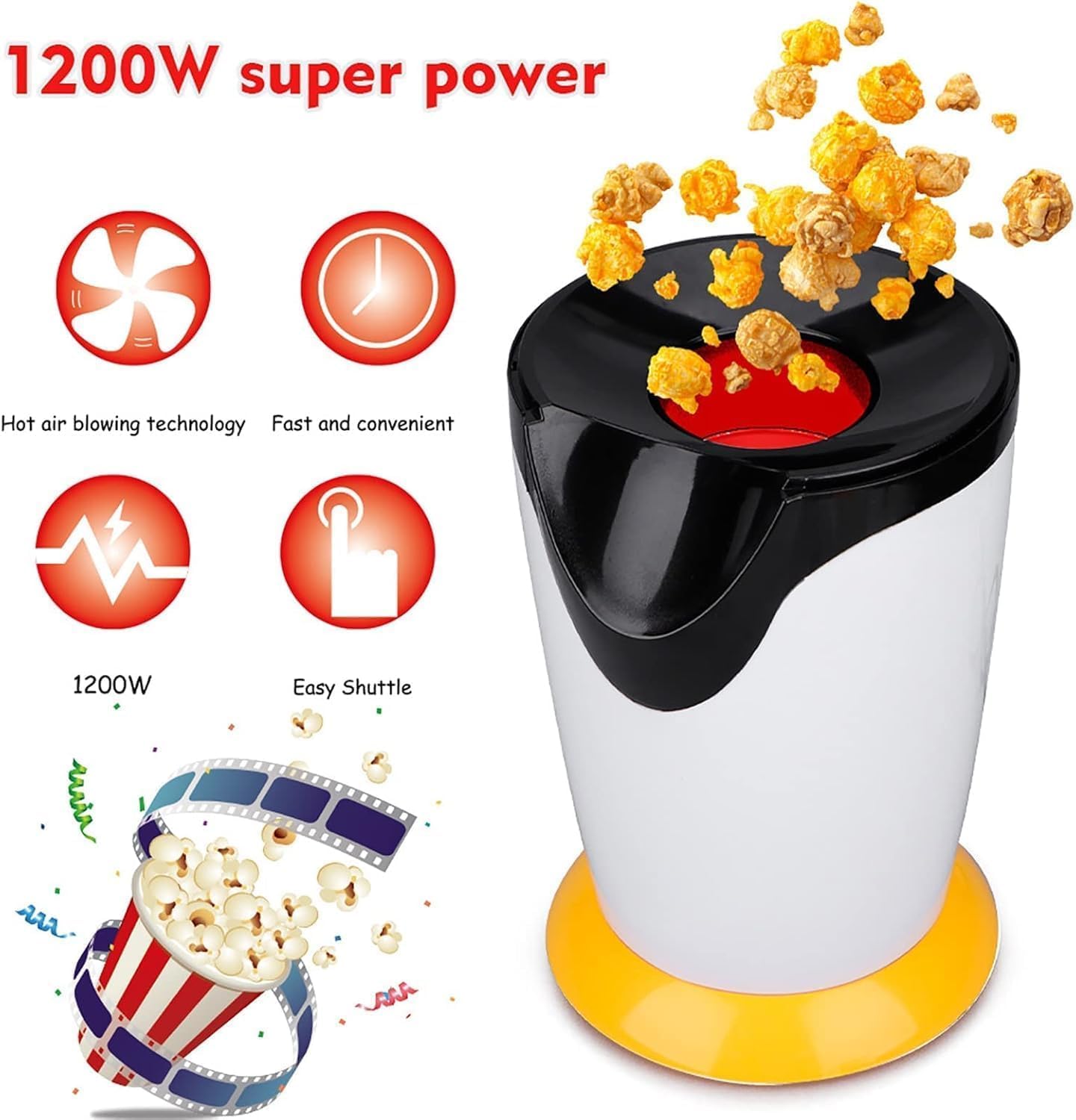 Helfoni Automatic Popcorn Machine Home Use, Electric Big Popcorn Machine, Oil-Free Popcorn Maker Machine, 1200W Hot Air Machine Household Electric Instant 2