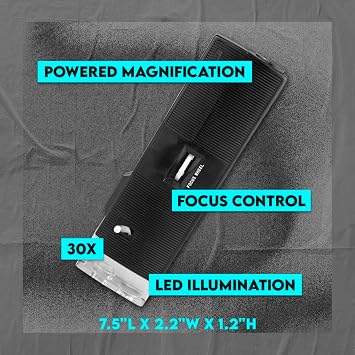 SE LED-Illuminated Pocket Microscope, 30x Powerful Magnification, Adjustable LED Light, Focus Wheel, Flashlight & Microscope Mode - MW10084