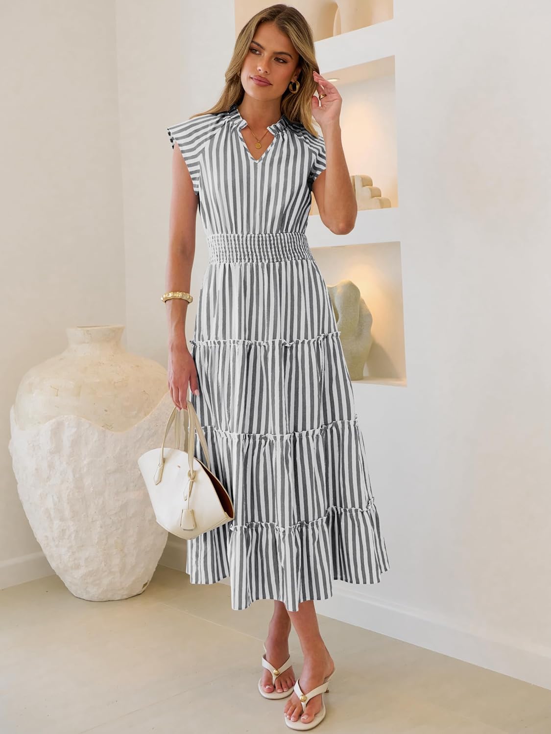 Caracilia Womens Summer Maxi Dresses Casual V Neck Cap Sleeve Gingham Striped Dress Flowy Tiered Beach Vacation Midi Sundress - Image 2