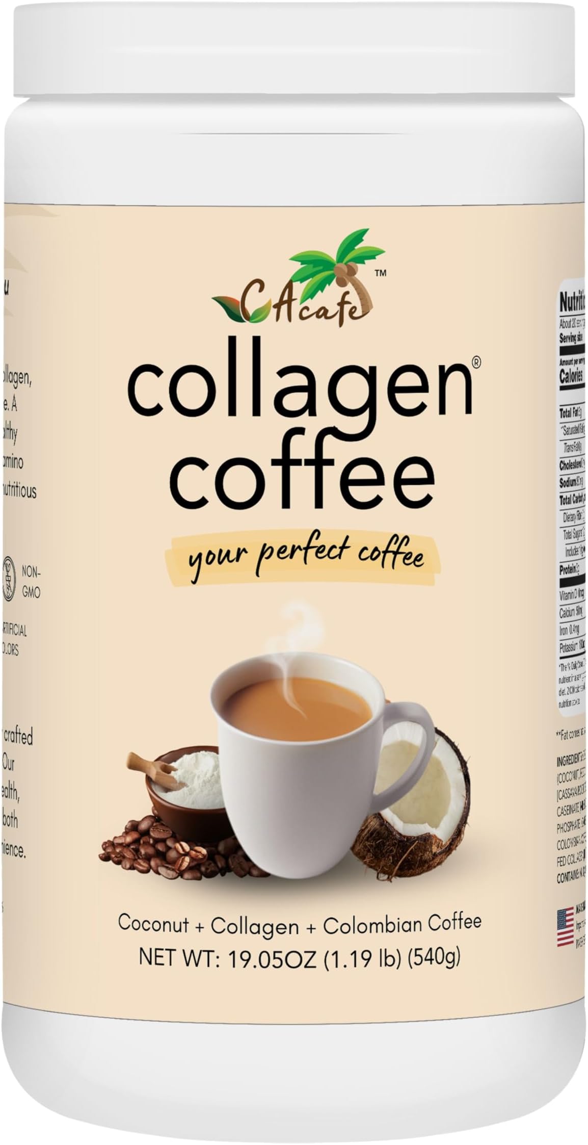 CAcafe Collagen Coffee | Coconut Infused Colombian Blend Coffee with Anti-Aging Collagen | Antioxidants & Natural Energy | 19.05oz