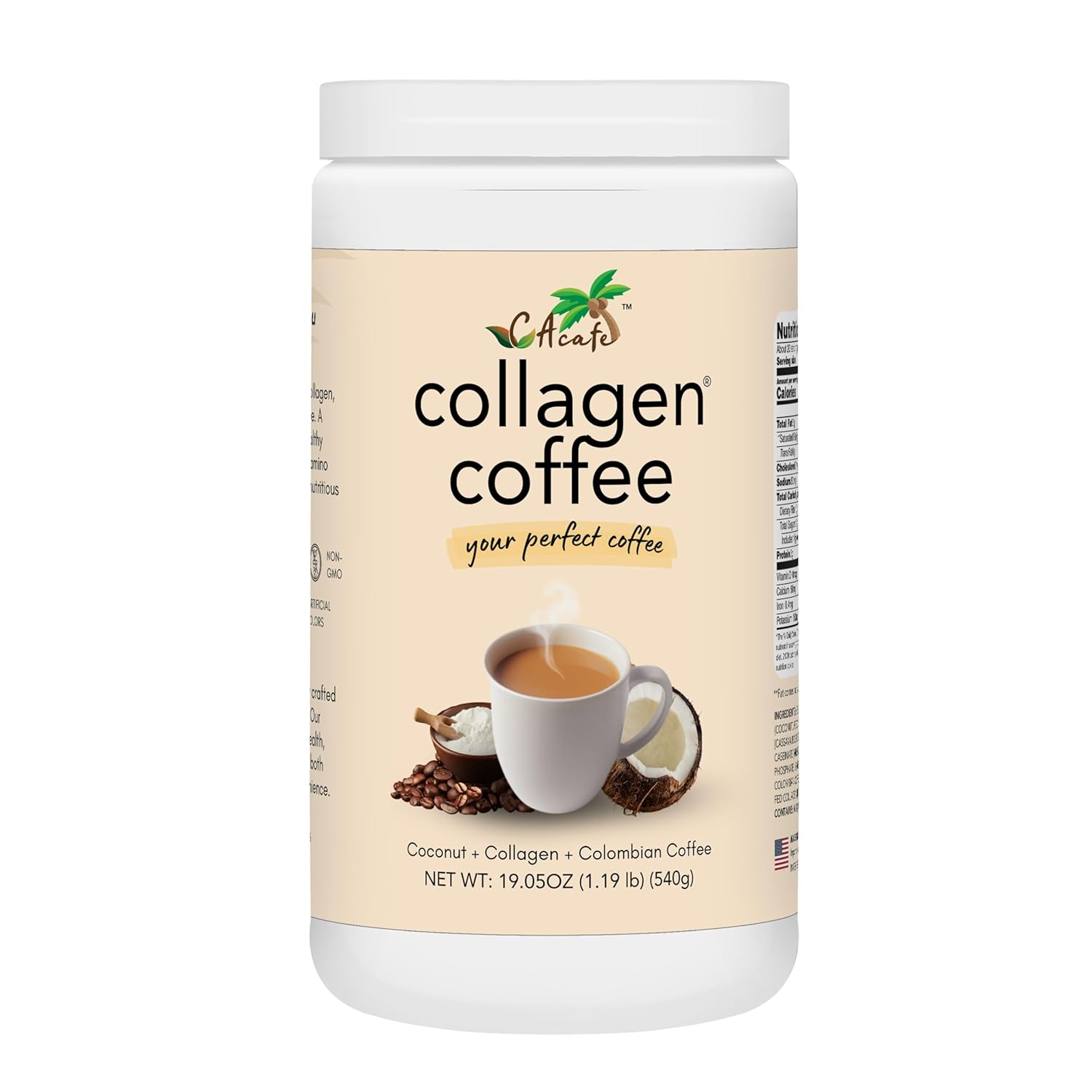 CAcafe Collagen Coffee | Coconut Infused Colombian Blend Coffee with Anti-Aging Collagen | Antioxidants & Natural Energy | 19.05oz