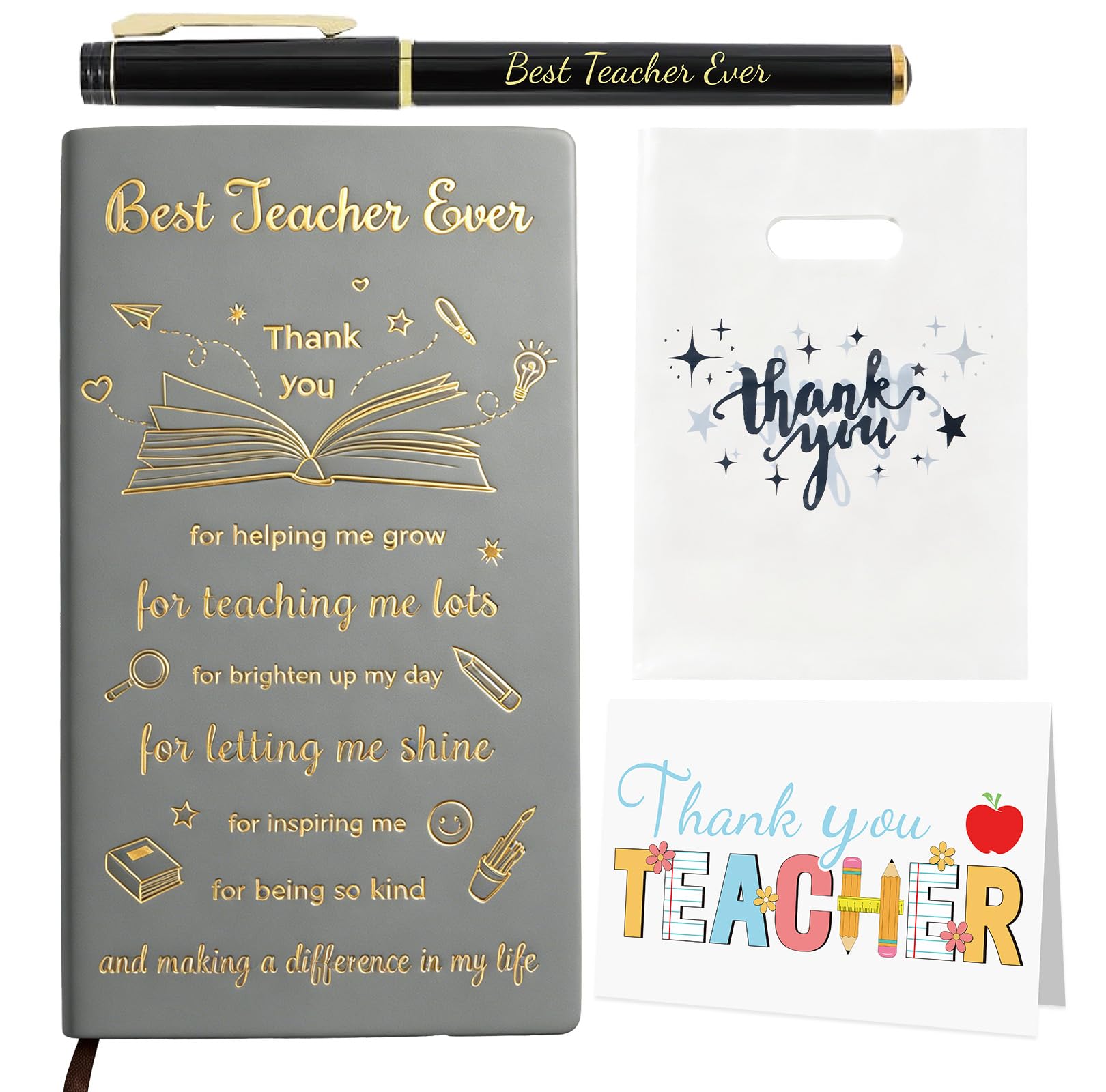 Moiuguli Thank You Teacher Gifts, Gifts for Teachers to Say Thank You Kit including Thank You Tea-cher Cards, Tea-cher Pens, Tea cher Notebook and Gift Bag, Personalised Teachers gift for Graduation — image 1