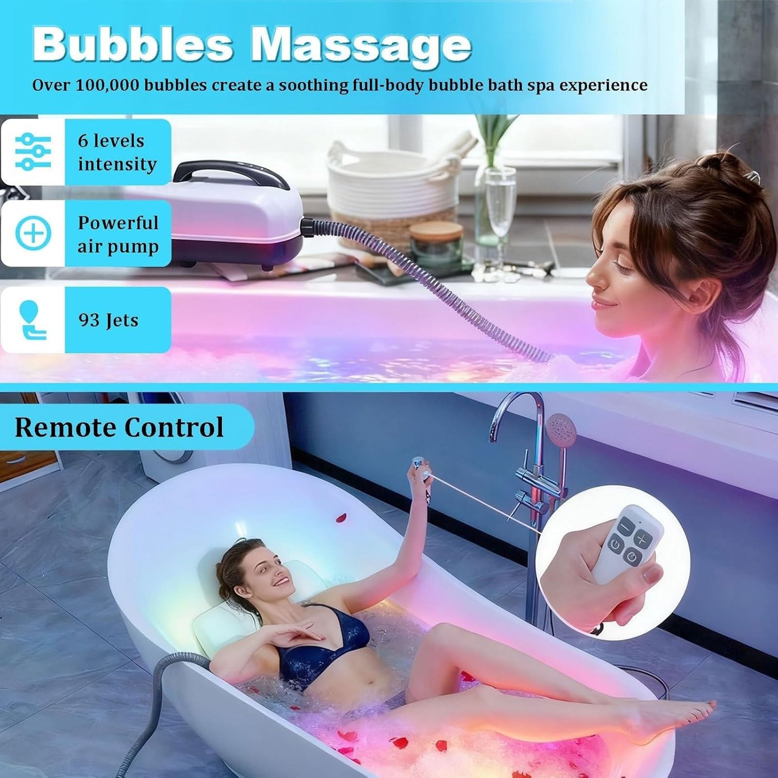 Tappetino massaggiante for bagnoschiuma luce LED telecomando for il relax | Tappetino spa impermeabile for tutto il corpo for una vasca da bagno liscia, regolazione a 6 marce, cuscino gonfiabile