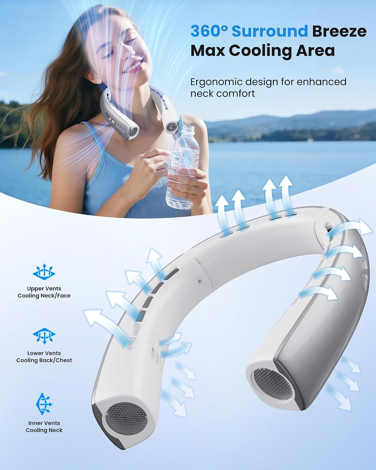 Gaiatop Portable Neck Fan, 40° Stretch Neck Cooler with 360° Surrounding Cooling, 1-100 Speed Scroll Switch Hands Free Personal Fans H1 Turbo Mode for Outdoor Travel Office Gym Gift for Dad Mom Silver image 2