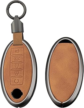 SANRILY Leather 5 Button Key Fob Cover Fit for Nissan X-Trail Rogue Altima Quest Pathfinder Sentra Armada Teana Murano Keyless Fit for Infiniti Metal Key Case with Short Keychain Brown