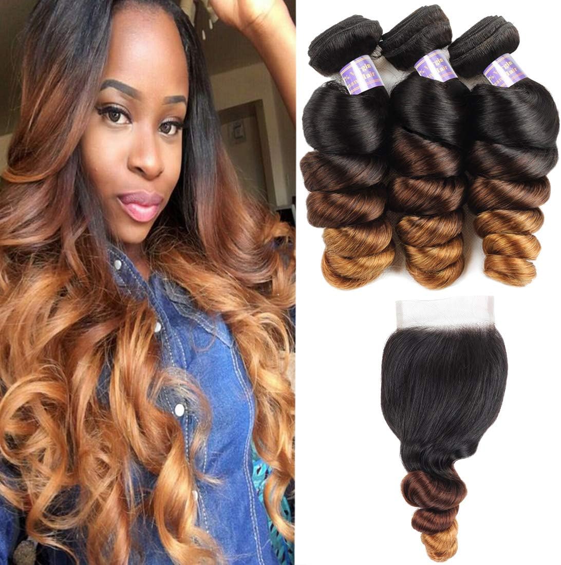 Allove Hair Brazilian Loose Wave Ombre Bundles With Closure (20 22 24+18inch) 3 Bundles with 4X4 Lace Closure Free Part Virgin Remy Hair 10a 3 Tone 1B/4/27 Ombre Weave Human Hair