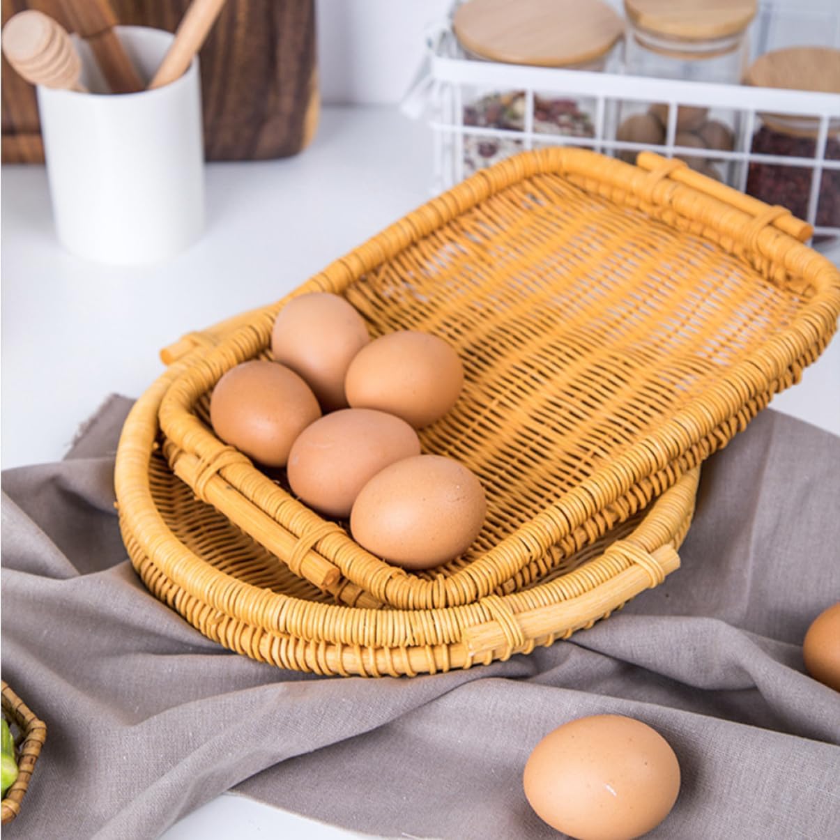 2pcs Rattan Woven Fruit Basket Hand-woven Food Storage Organizer for Bread and Produce Decorative Honey Color Design Rectangle Style for Kitchen Counter and Dining Decor