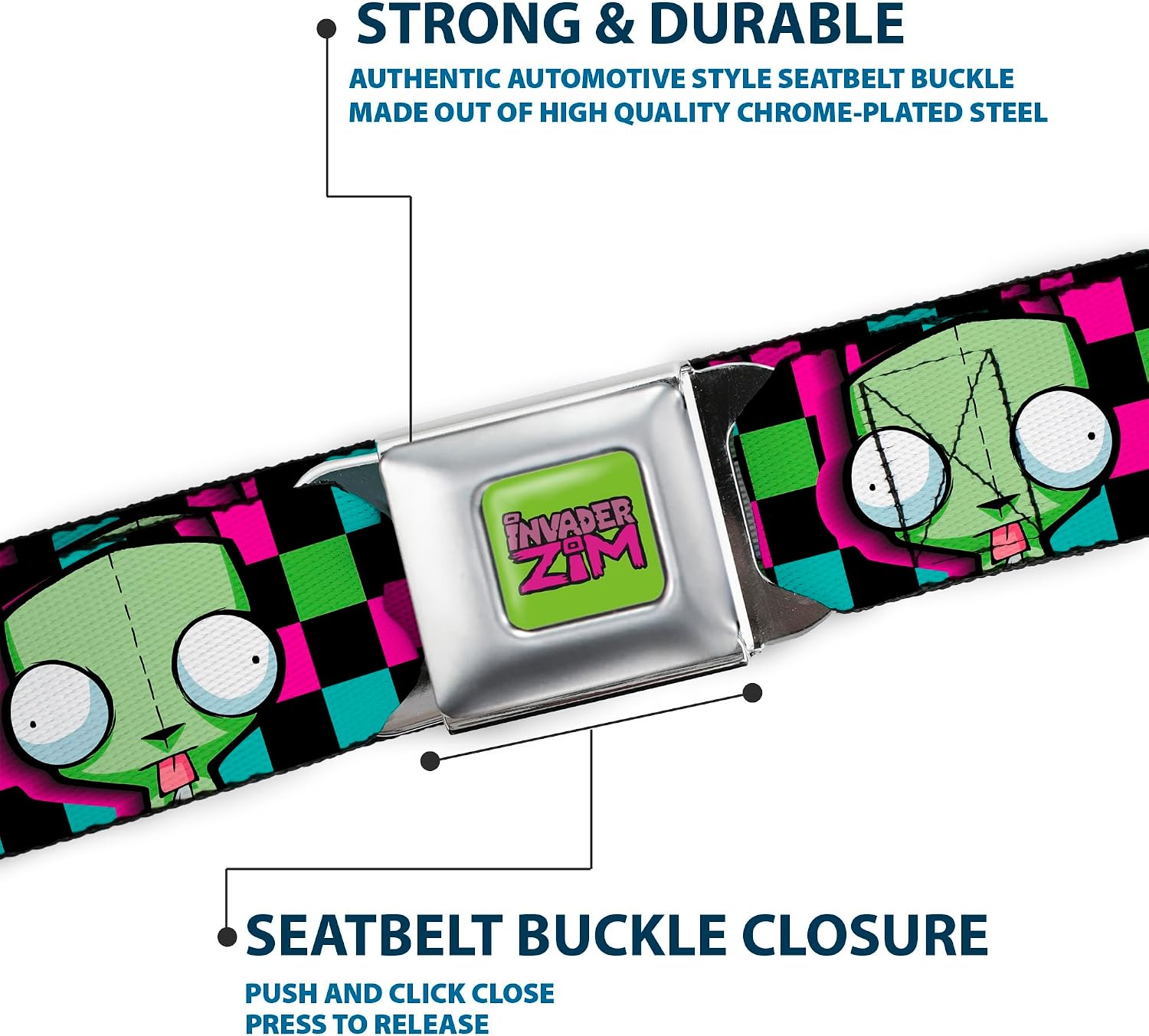 Nickelodeon Belt, Seatbelt Buckle Belt, Invader Zim GIR Face Checker Black Multi Neon, Adjustable