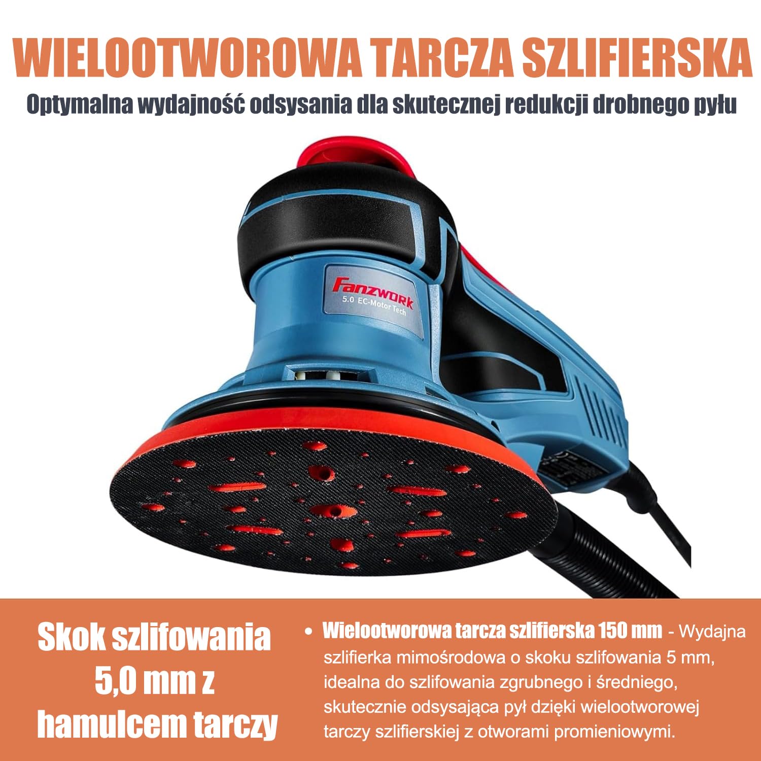 Fanzwork Szlifierka mimośrodowa 5 mm 125/150 mm Bezszczotkowy Silnik EC 350 W 7 Prędkości 10 000 obr./min z Walizką