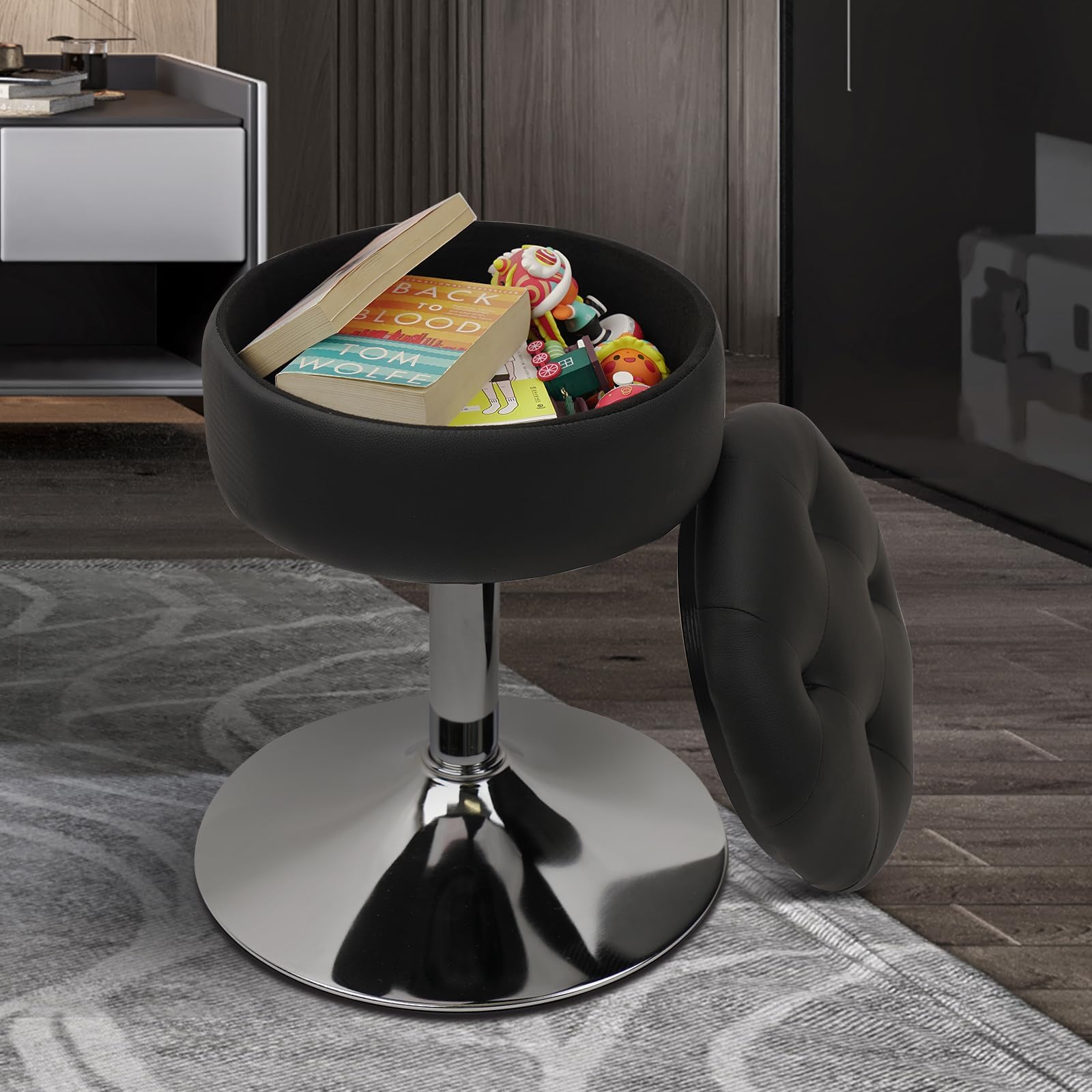 Klasika Tabouret de Coiffeuse avec Rangement, Pivotant à 360° Réglable en Hauteur Tabourets Chaise de Maquillage Rembourré, Rond Vanité Siège pour Chambre à Coucher, Salon, Noir