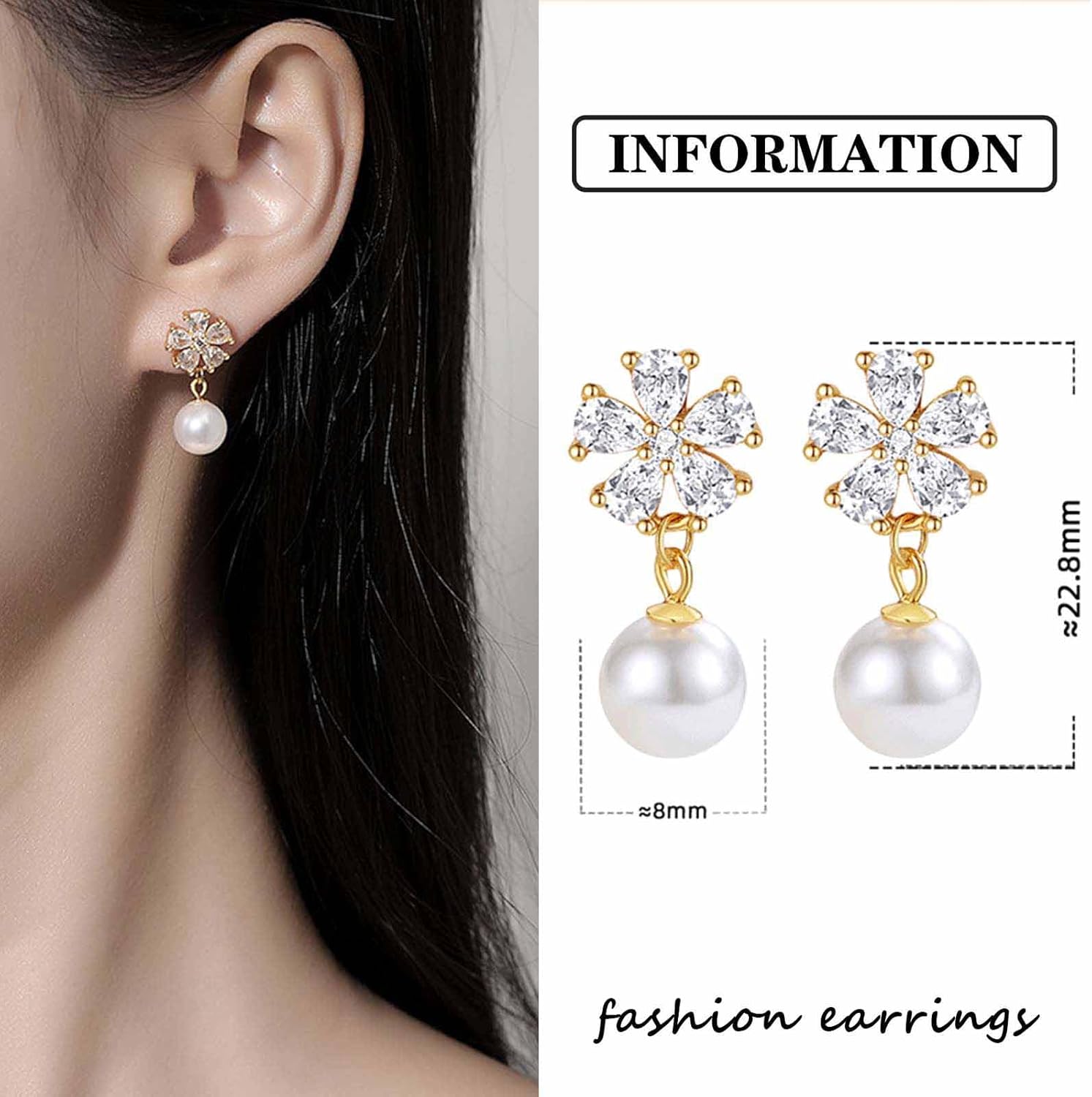 Gold Alloy Crystal Pearl Dangle Earrings - Vintage Floral Pearl Drop Studs - Perfect for Special Occasions & Everyday Wear - Image 5