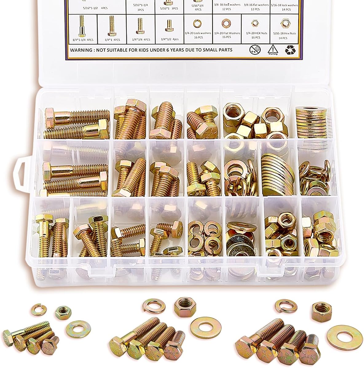 ZTF Bolts and Nuts Assortment Kit，1/4-20 5/16-18 3/8-16 SAE Nuts and Bolts | Grade 8 assorted nuts and bolts 12 Common Sizes, Heavy Duty Hex Bolts and Nuts Kit 1/4-20 5/16-18 3/8-16, 3/4" to 1-1/2"
