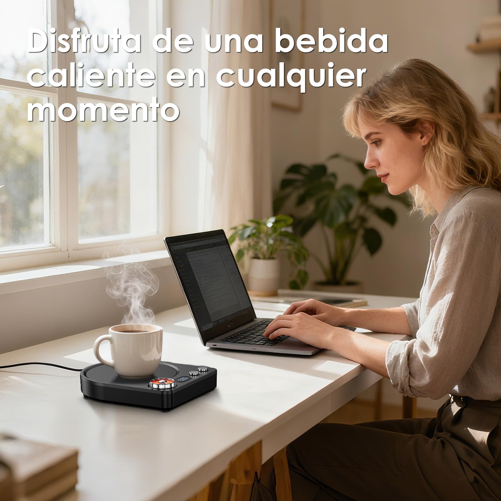 Accwork Calentador de Tazas de Escritorio con 9 Ajustes de Temperatura, Control Giratorio, Temporizador de 0,5 a 9 H, Apagado Automático y Mantiene Calientes El Té, La Leche y El Café