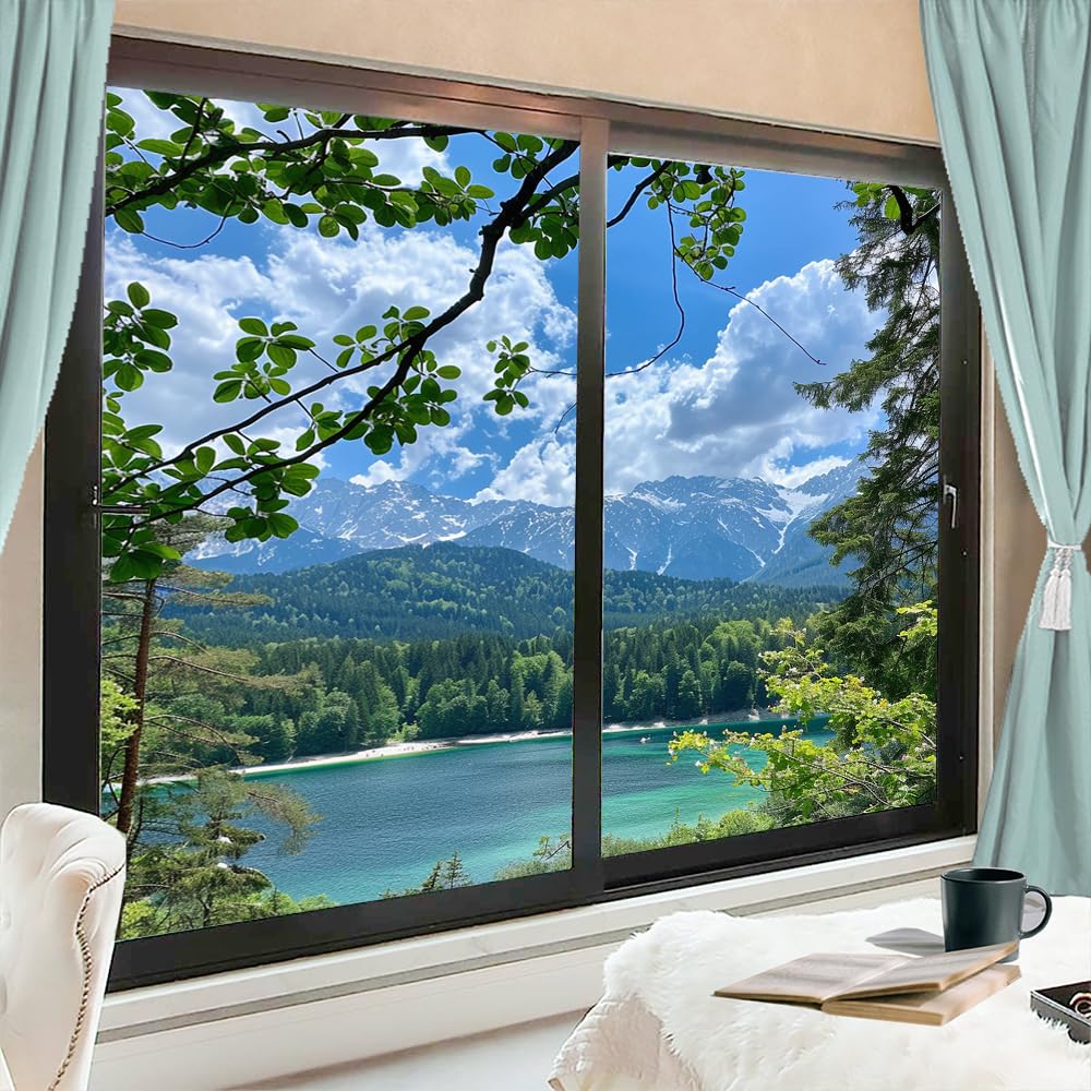 Rustikale Seenlandschaft Frosted Fenster Sichtschutzfolie Waldblätter Schöne verschneite Berge Wald Fensterdekor Hitzeblockierende Sonne blockierende Glastürabdeckung für Badezimmer Zuhause 80 x 120