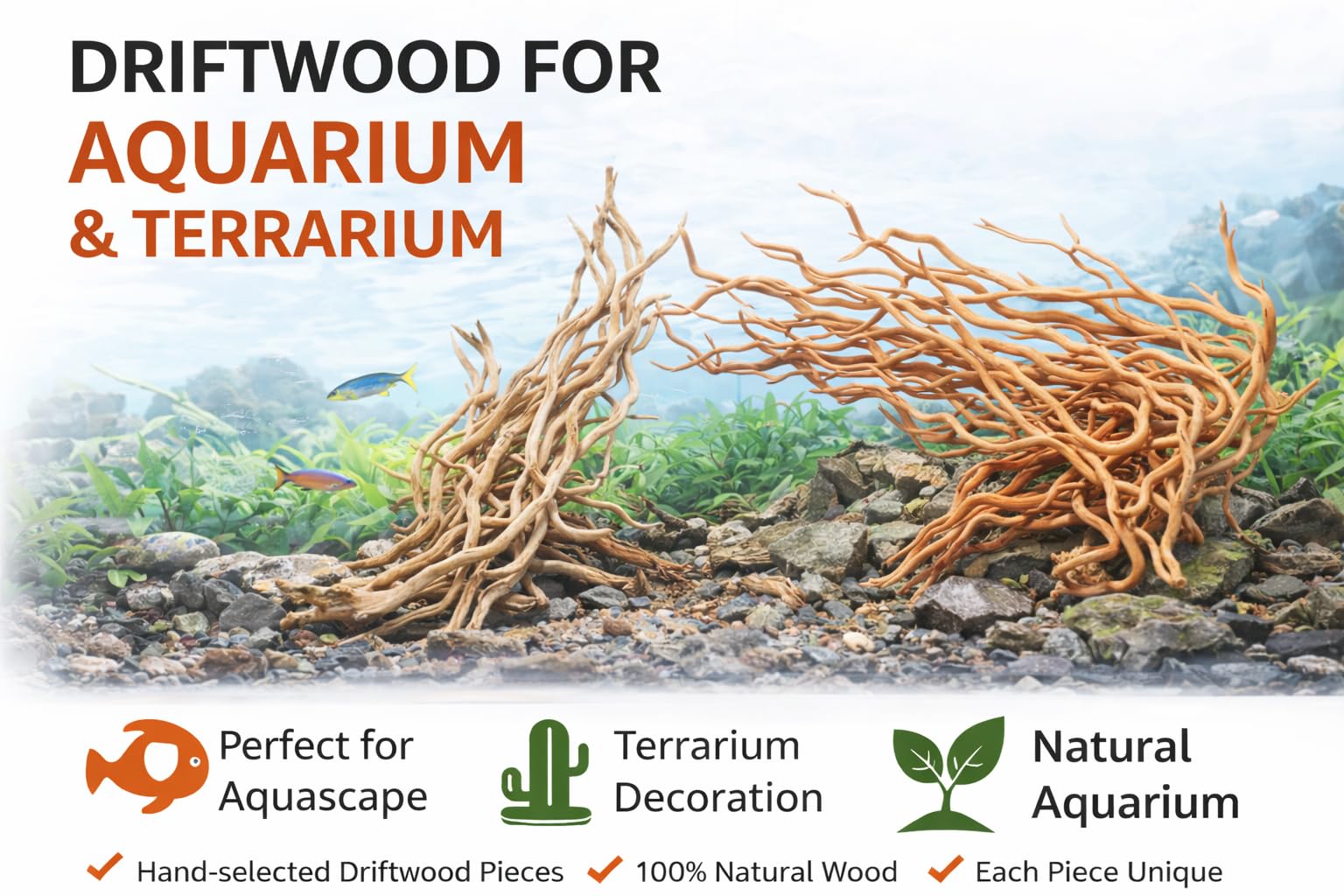 Azil Raíz natural de madera flotante para acuario, madera flotante para decoración de acuarios, 160 g (14 a 16 pulgadas), tanques de peces, terrarios, acuascaping y tanques plantados