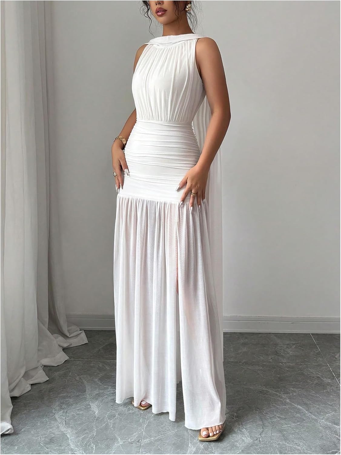 GORGLITTER Women's Ruched Chiffon Maxi Dress Bridesmaid Wedding Guest Dress Backless Slit Shower Prom Cocktail Dresses - Image 3