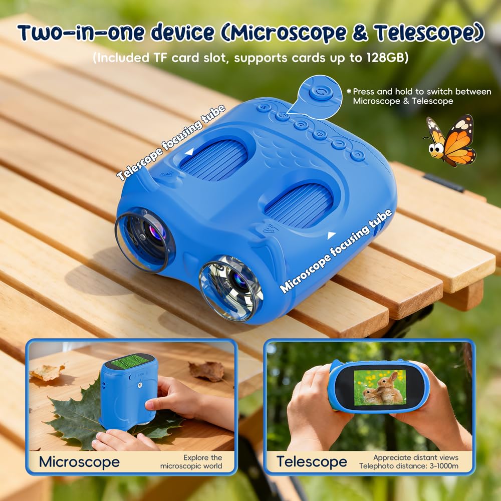 2 in 1 Microscopio Bambini e Telescopio, Temodu Microscopio Digitale da 2.0‘’, Elettronico Portatile Telescopio 10X con 8 luci LED, può essere utilizzato come regalo di compleanno o di Natale (Blue)