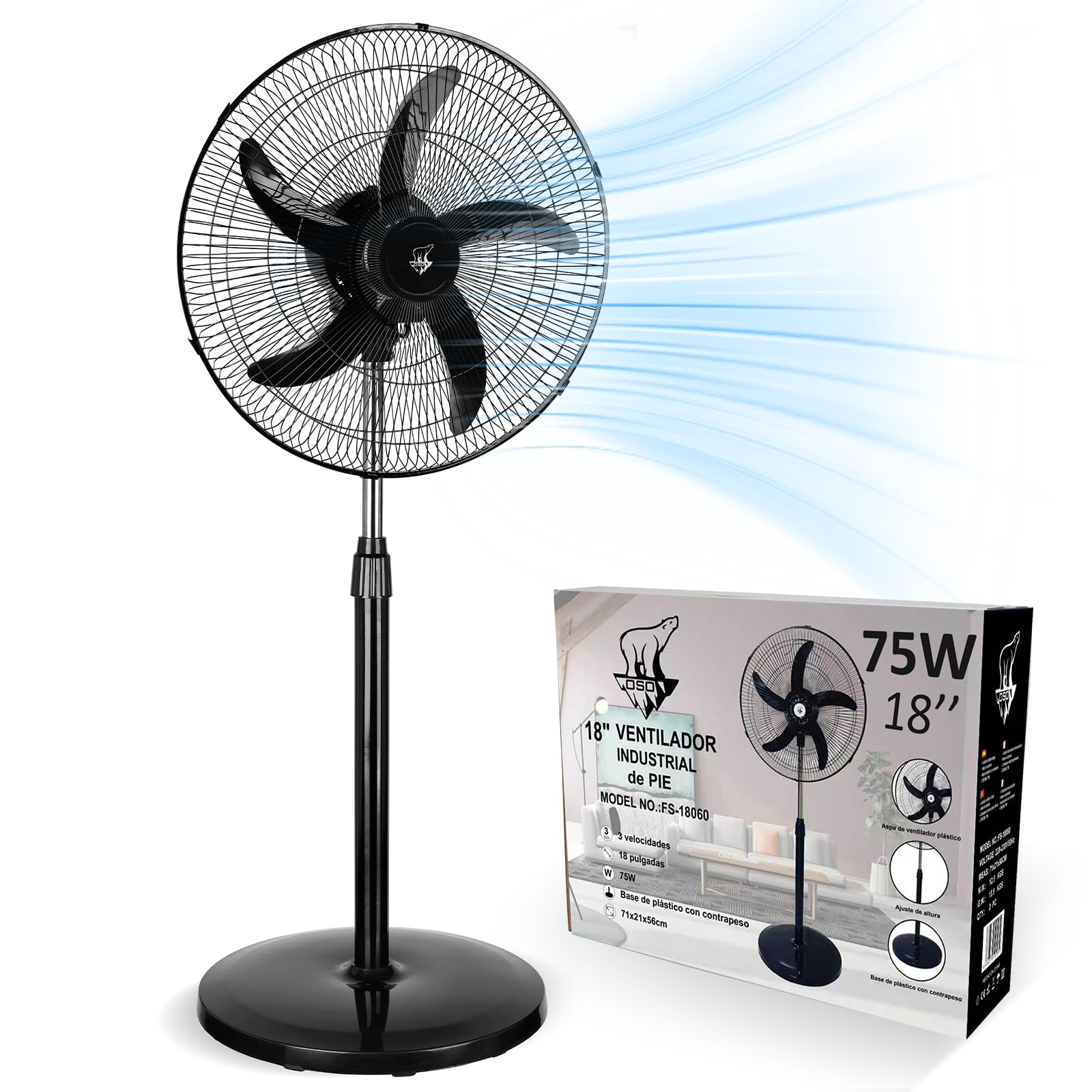 Ventilador de Pie Potente 75W, Aspas de 45 cm (18"), 3 Velocidades Ajustables, Silencioso, Oscilante, Altura Regulable, Base Reforzada, Adecuado para Hogar, Oficina y Almacén, Negro