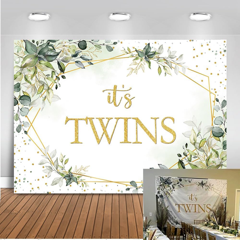 Mocsicka Greenery Twins Baby Shower Backdrop Eucalyptus It's Twins Baby Shower Decorations Twins Newborn Baby Party Background Photography Background (Greenery, 7x5ft)