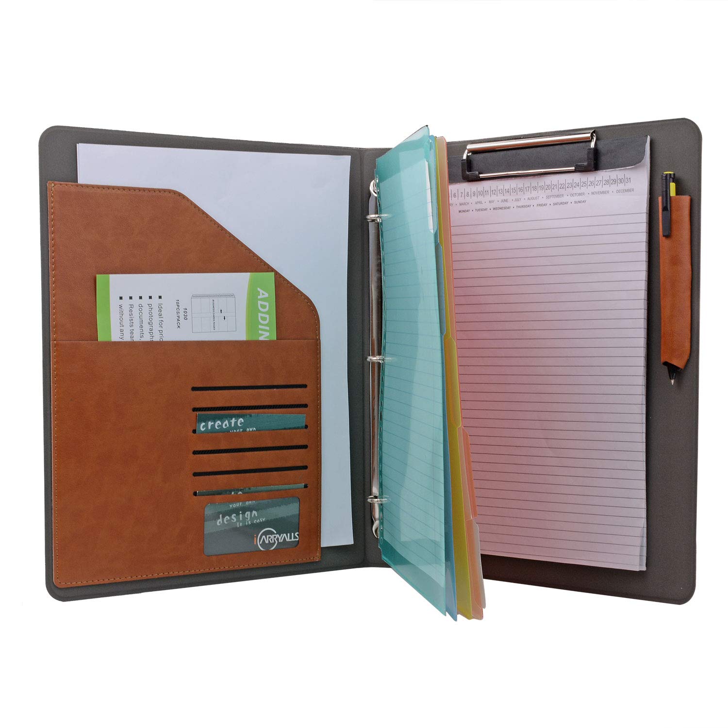 Binder Portfolio Organizer with Color File Folders, Business and Interview Padfolio with 3-Ring Binder, Clipboard