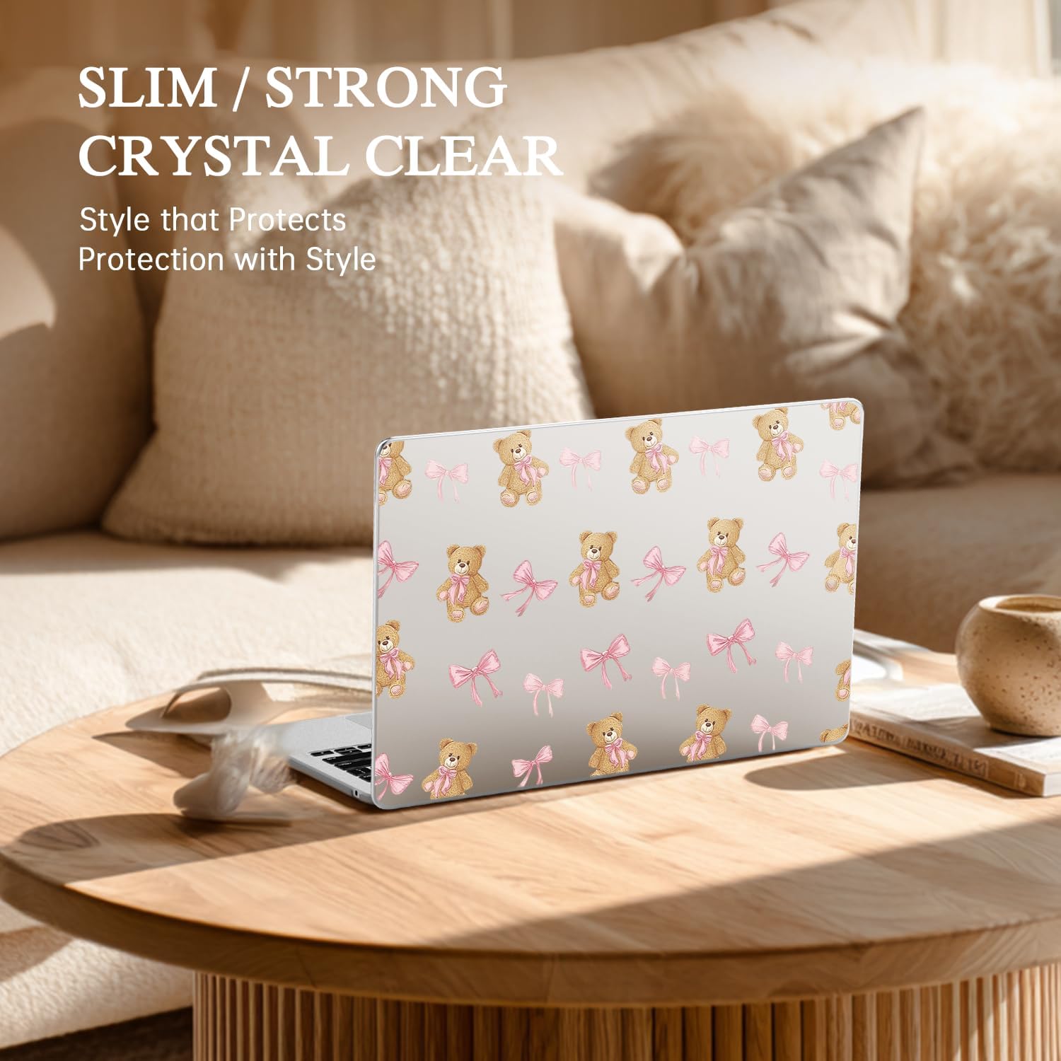 Pink Bow Bear Print Case for MacBook Air 13 Inch Case 2022 2021 2020 2019 2018 Cute Kawaii Girly Design Plastic Hard Shell Touch Id A1932 A2179 M1 A2337 Funny Pattern Slim Protective Case