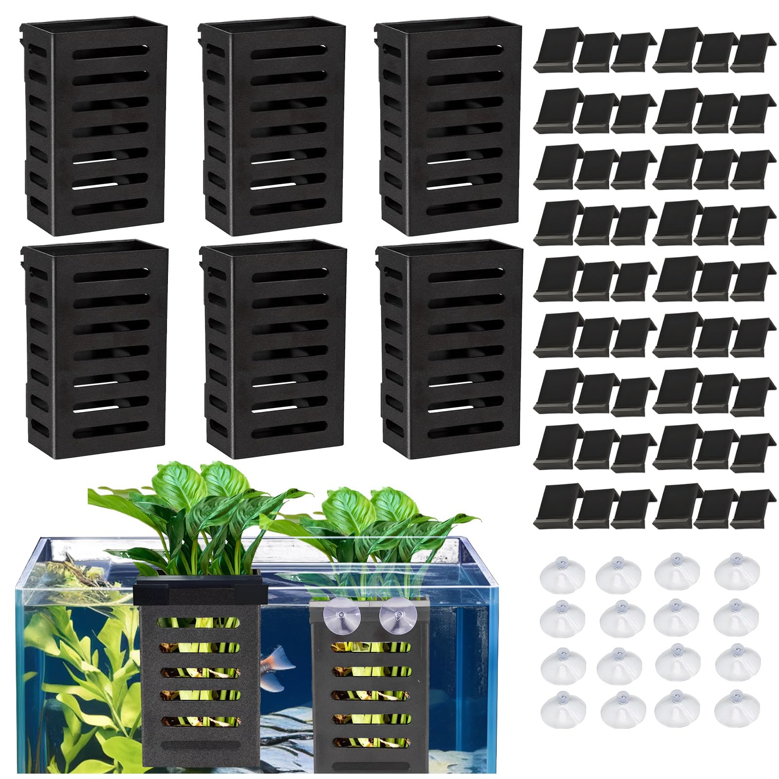 Roucerlin Plastic Aquarium Plant Holder, Black Fish Tank Plant Holder with Hooks & Suction Cups, Hanging Aquarium Planter Basket Cups Pot for Live Decoration Accessories (8 Pack)