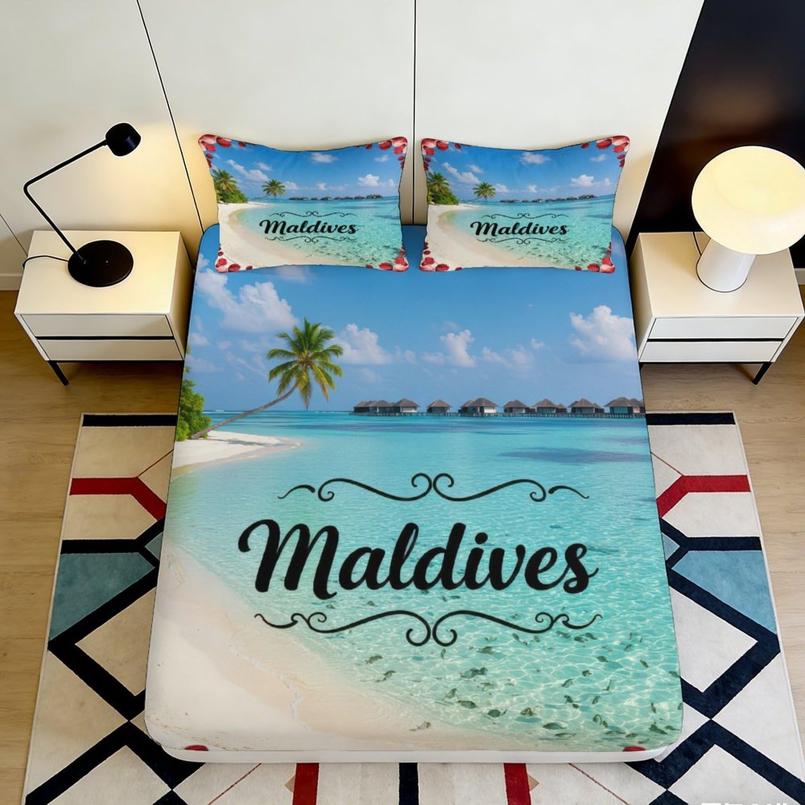 3D Printed Island Landscape Fitted Sheet Microfiber Deep Pocket Anti-Slip Bedroom Bedding Tropical Beach Mattress Fitted Cover Washable 200x200x25cm 90x200x25cm