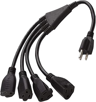 4 Way Power Splitter - Pack of 5: 1 to 4 Plug Power Strip, 1.5' Cord, 3 Prong Outlet, Black, SJT 16 AWG, UL Listed