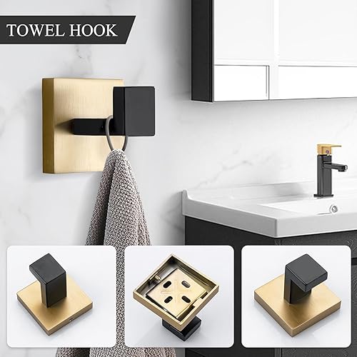 Miniatura 2 de TURS Juego de accesorios de baño de 3 piezas, soporte para toallas de mano negro y dorado, soporte para papel higiénico, gancho para toallas, juego