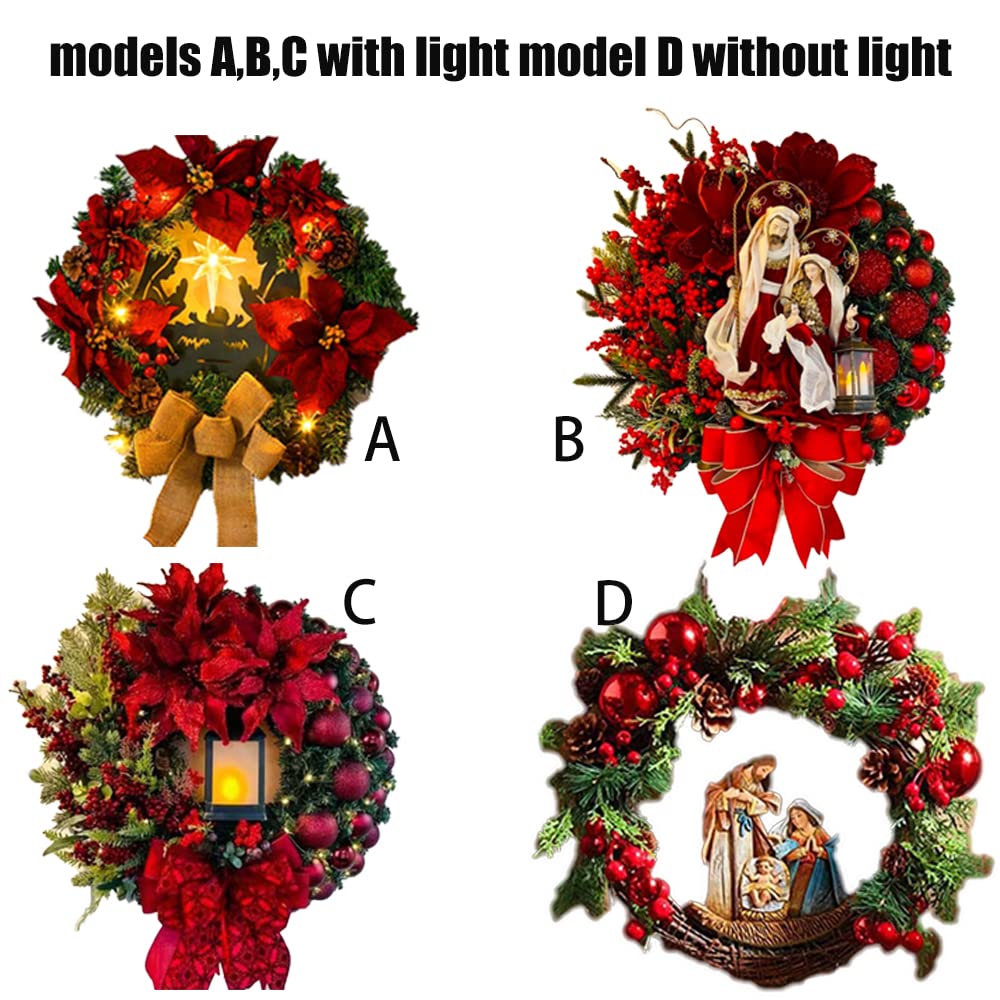 Couronne De Noël Rouge LED 40cm | Décoration Murale Floquée Fruits Et Pommes De Pin | Pour Porte, Fenêtre, Cheminée