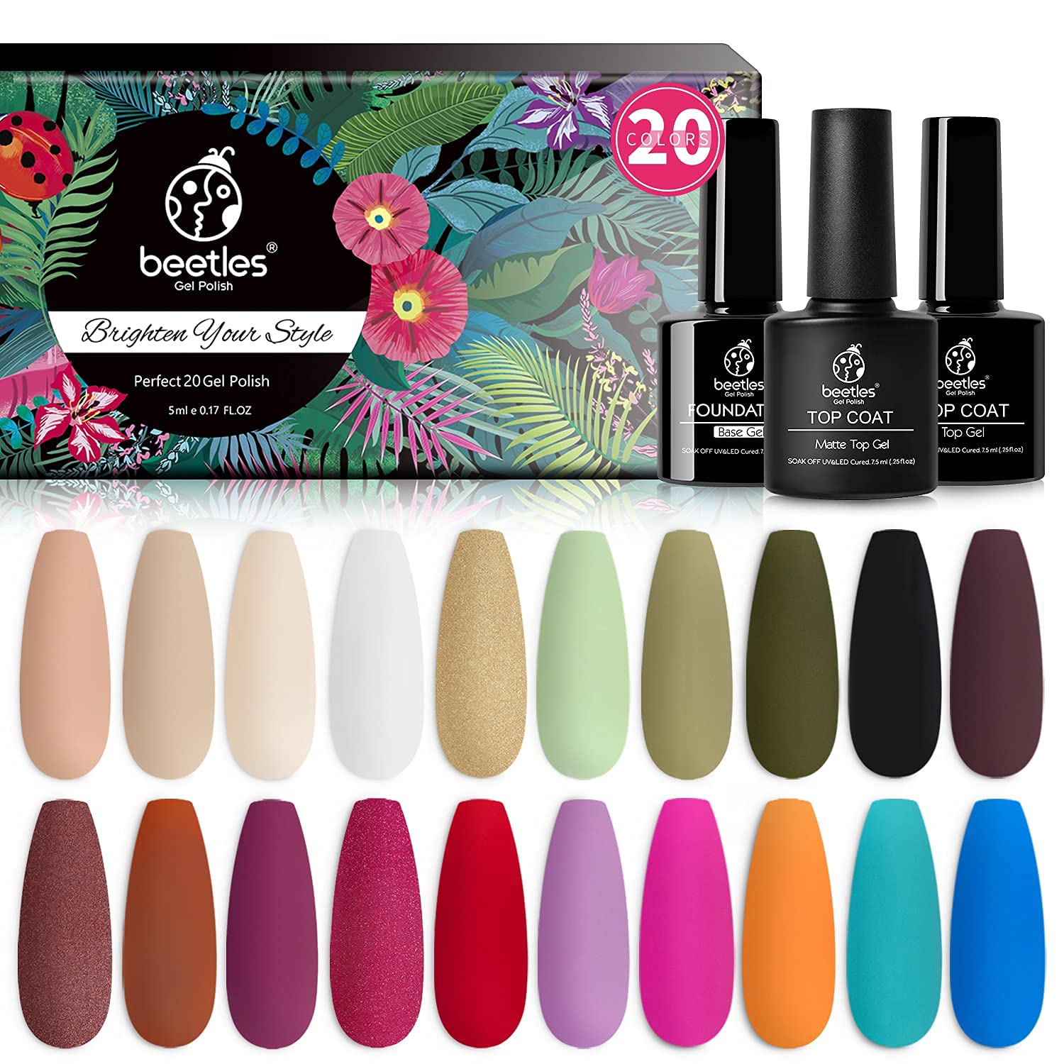 Beetles Gel Nail Polishes- 20 Colors Gel Nail Polish Set La Montagne Soak Off Nail Gel Polish Nude Gray Blue Glitter Black Gel Polish Starter Kit with Glossy Matte Top Coat Base Coat Christmas Nail