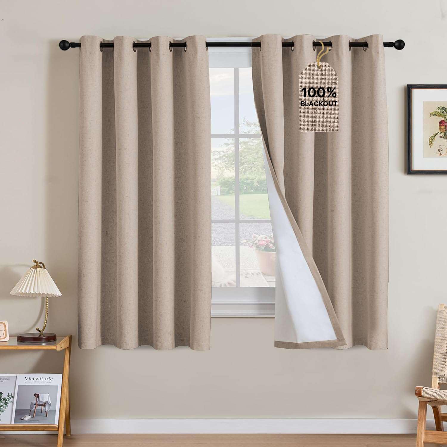 H.VERSAILTEX Linen Curtains 100% Blackout Curtains for Bedroom 63 inch Long Full Light Blocking Nature Linen Blended Window Curtains for Living Room Nickel Grommet (2 Panels, Heathered Sand)