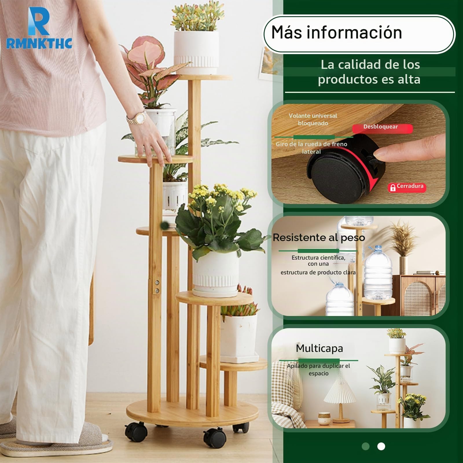 Estantería de bambú para flores con ruedas, 5 niveles, capacidad de carga de 20 kg, material natural resistente al agua, fácil montaje para salón, balcón, dormitorio (color madera)